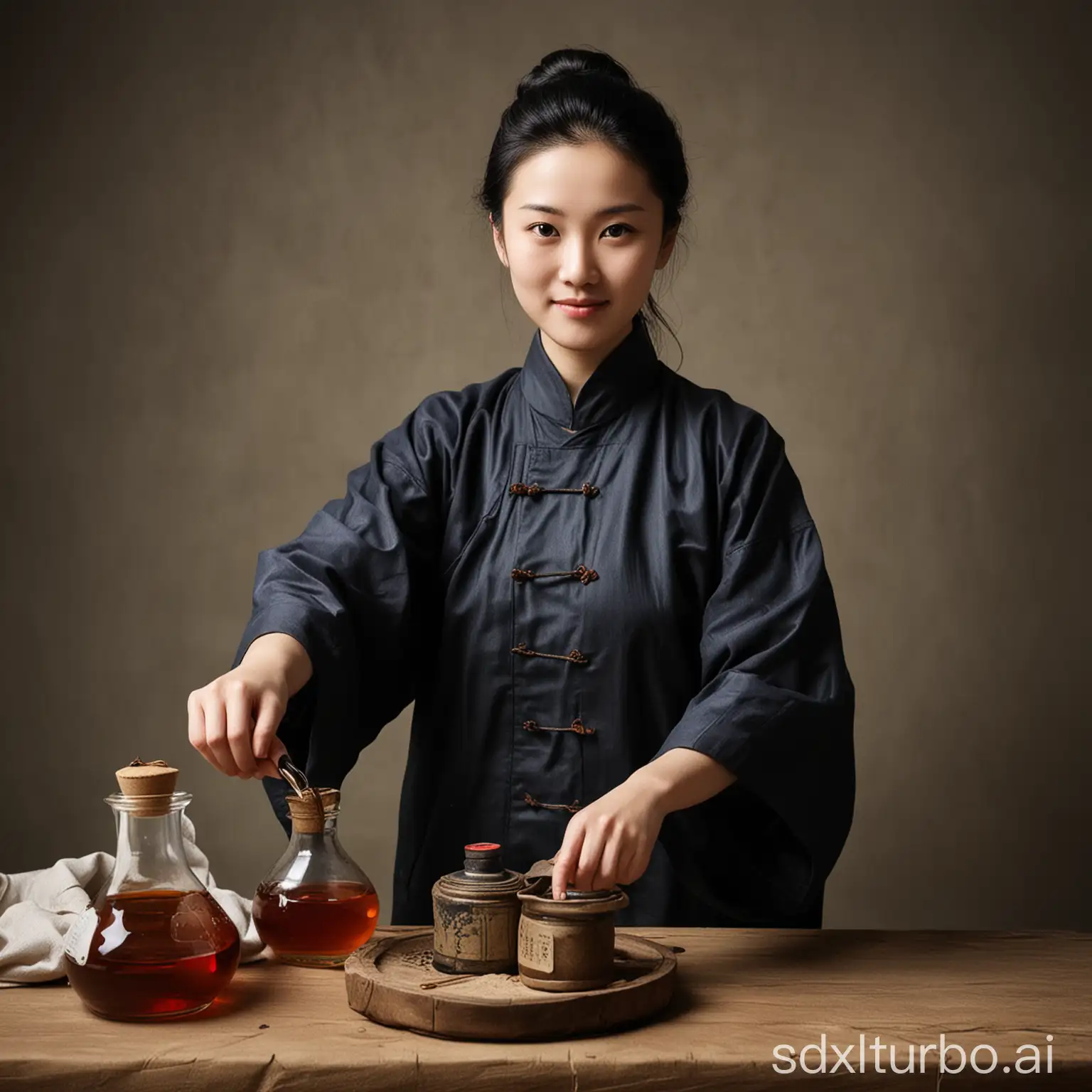  Shanxi Chen Ciu (Shanxi vinegar), I want to create the image of a Vinegar Doctor (a playful name in Chinese for a doctor who prescribes bitter or hard-to-take medicine, here used metaphorically to refer to the sour vinegar), a female, knowledgeable, beautiful, generous, and friendly.
