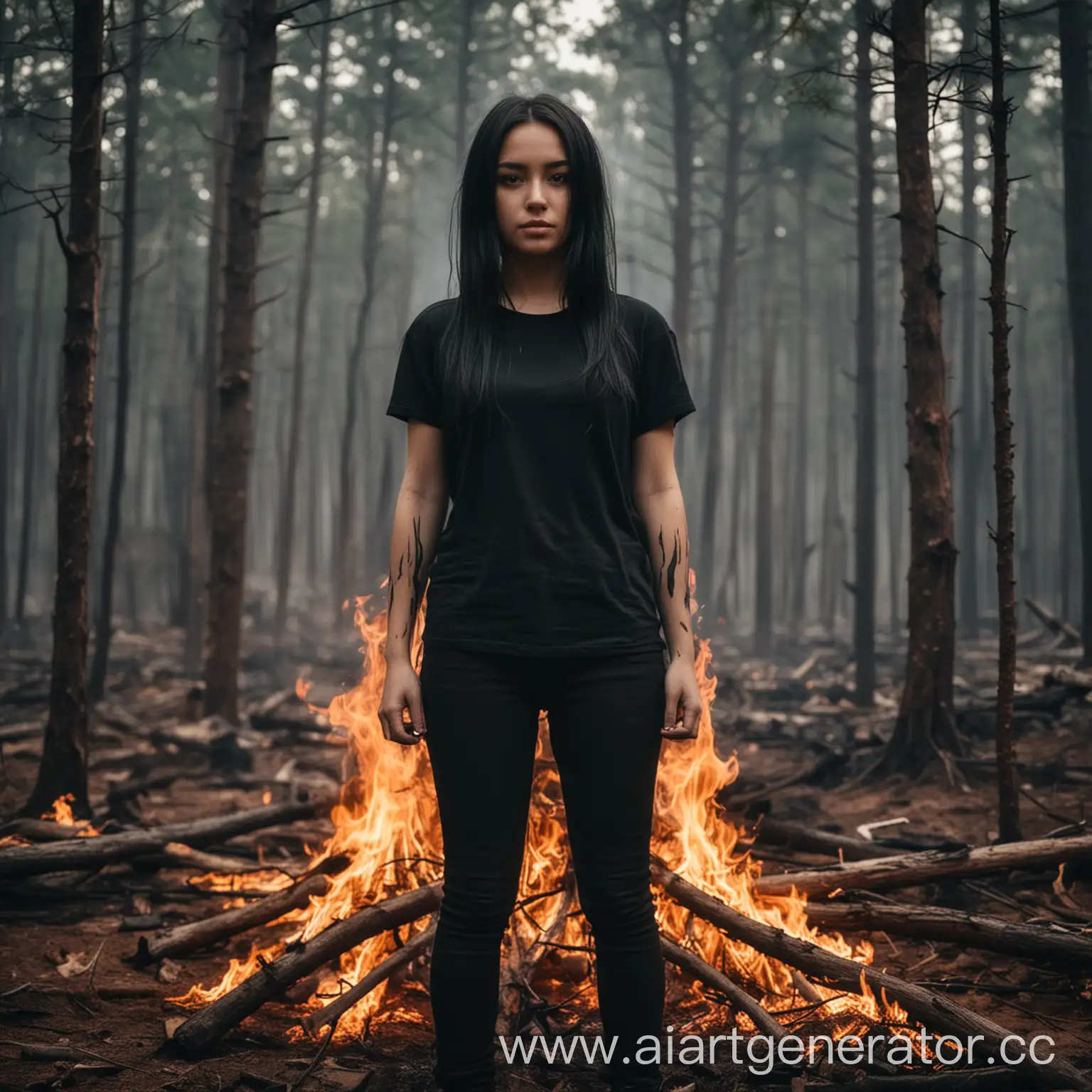 Burning forest. Before it near us stands a girl with black shirt hair with lighter in hand