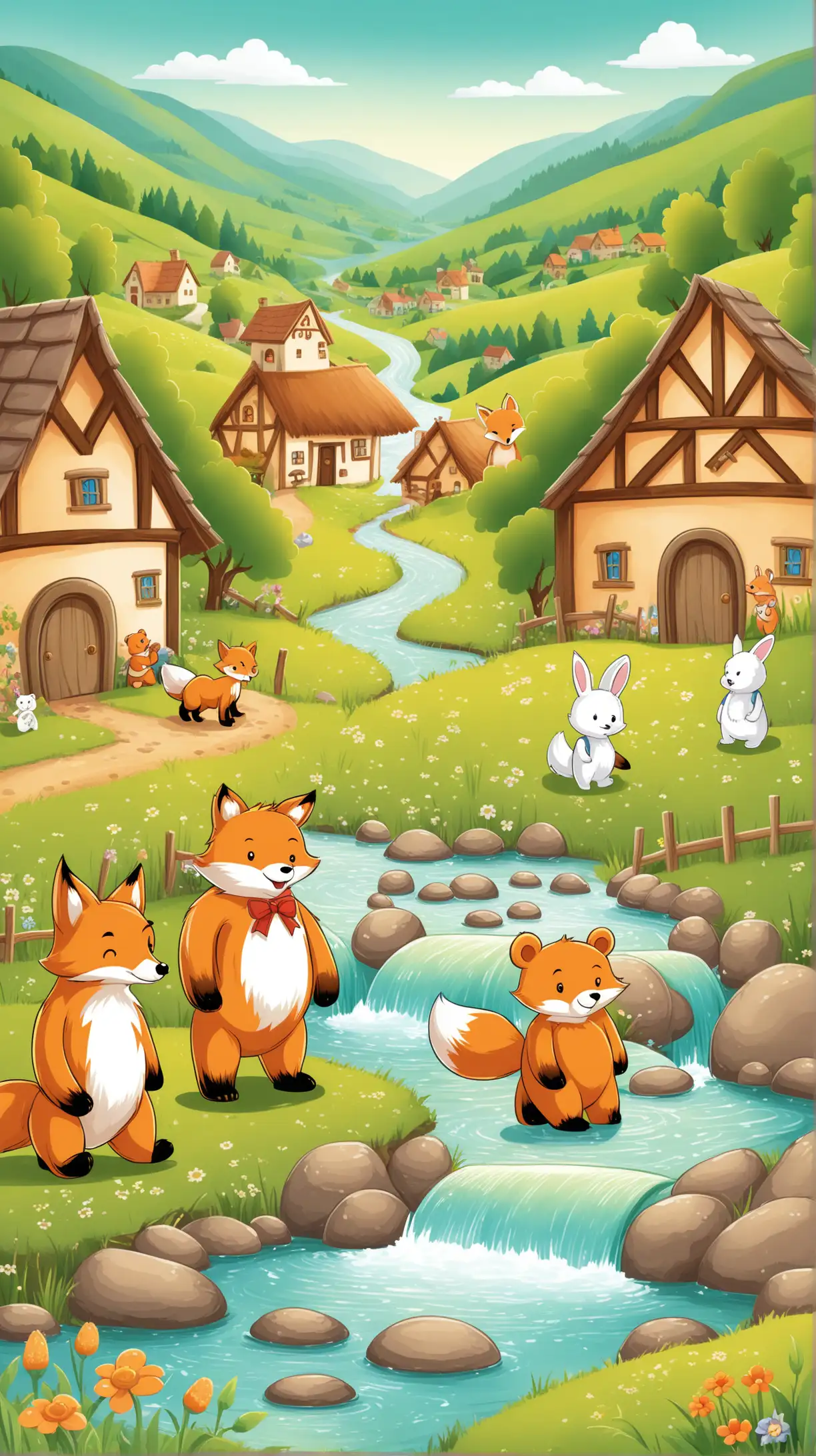 Create a cartoon vector illustration  of a fox standing next to a rabbit and  bear cub. The background is a cozy village nestled between green hills and a babbling brook for a children's picture book.
