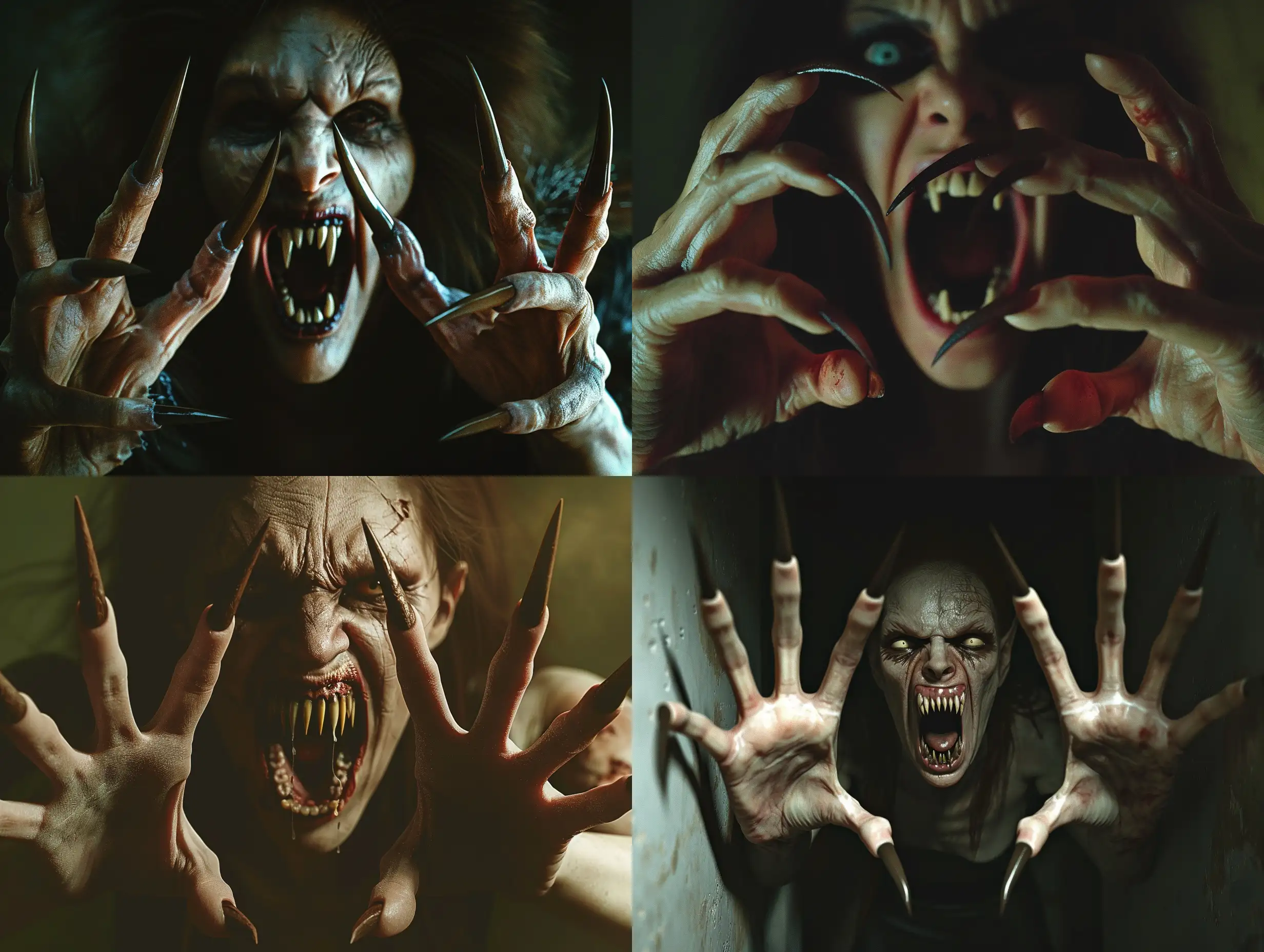 A photorealistic scene of a wild ugly monstruos vampire woman with extra long pointed fingernails, on each hands with five fingers, her mouth is threateningly open, and terrible teeth look like fangs, the vampire looks like she climbed out of the grave, her nails resemble the claws of a predators.scene inside darkness room,hyper-realism, cinematic, high detail, photo detailing, high quality, photorealistic, aggressive, dark atmosphere, realistic, the smallest details, detailed nails, horror, atmospheric lighting, full anatomical, photorealism, detailed, textured, dark, haunting, night-time scene, intense, creepy, undead, spooky, eerie, atmospheric lighting, nightmare, grotesque, terrifying, realistic anatomy, human hands, very clear without flaws with five fingers.