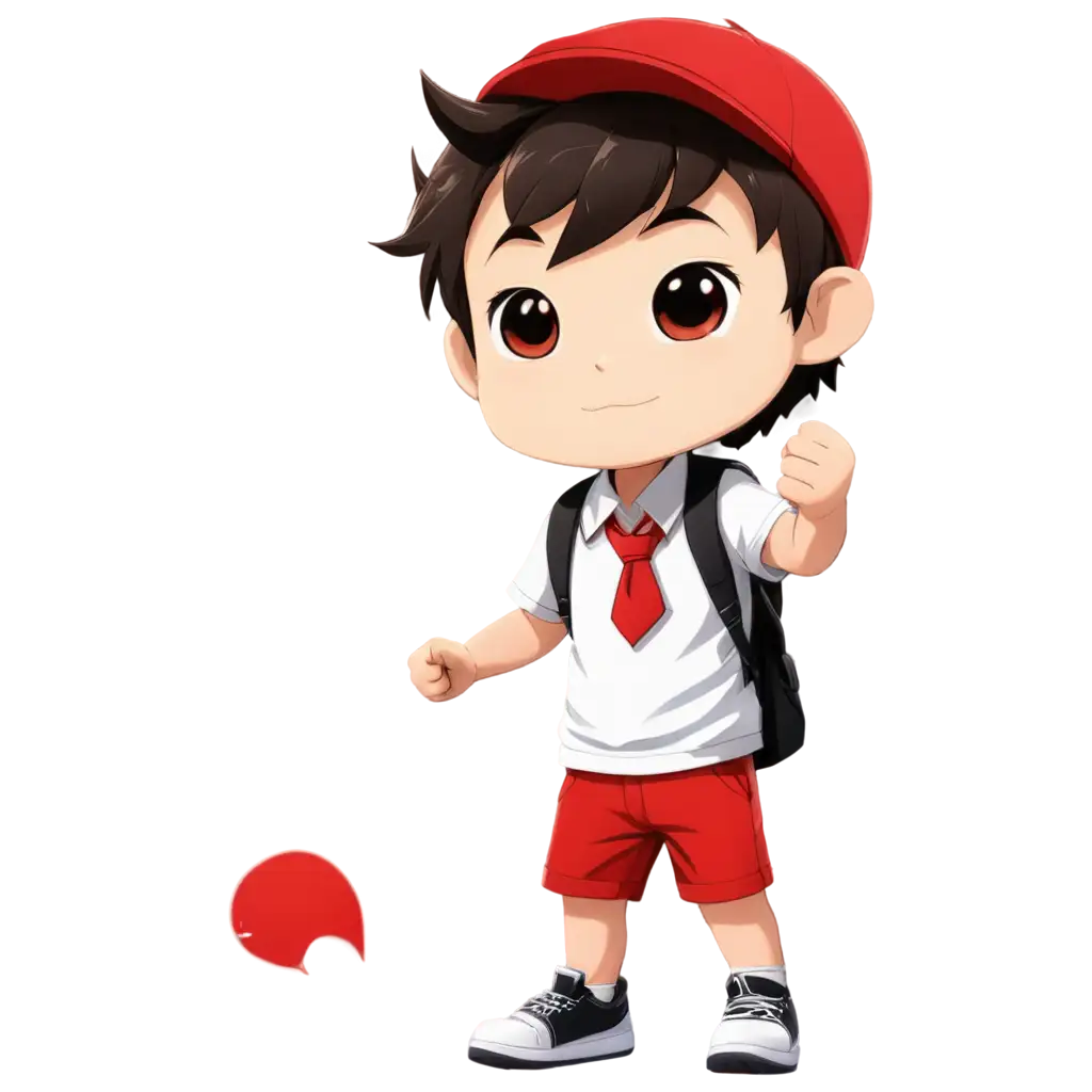 cute little school boy chibi, standing facing front using, white colared short shirt, red shorts, black sneakers and white shock