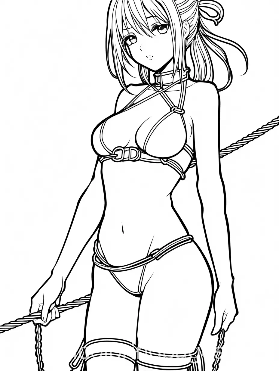 kinky cheeky extreme bondage anime girl , Coloring Page, black and white, line art, white background, Simplicity, Ample White Space. The background of the coloring page is plain white to make it easy for young children to color within the lines. The outlines of all the subjects are easy to distinguish, making it simple for kids to color without too much difficulty