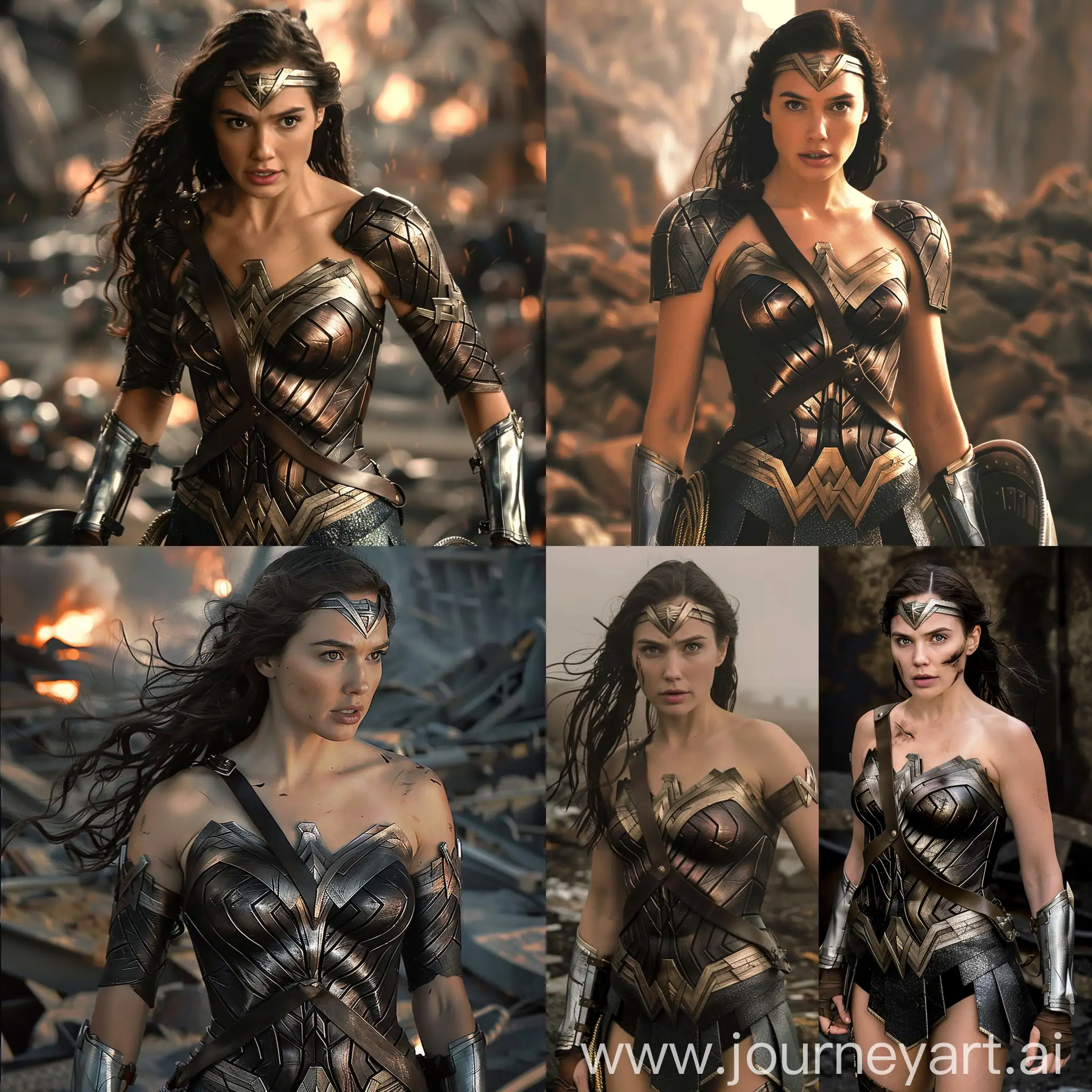 Gal Gadot in armor-like super girl costume in war and action scene. Make her full body 