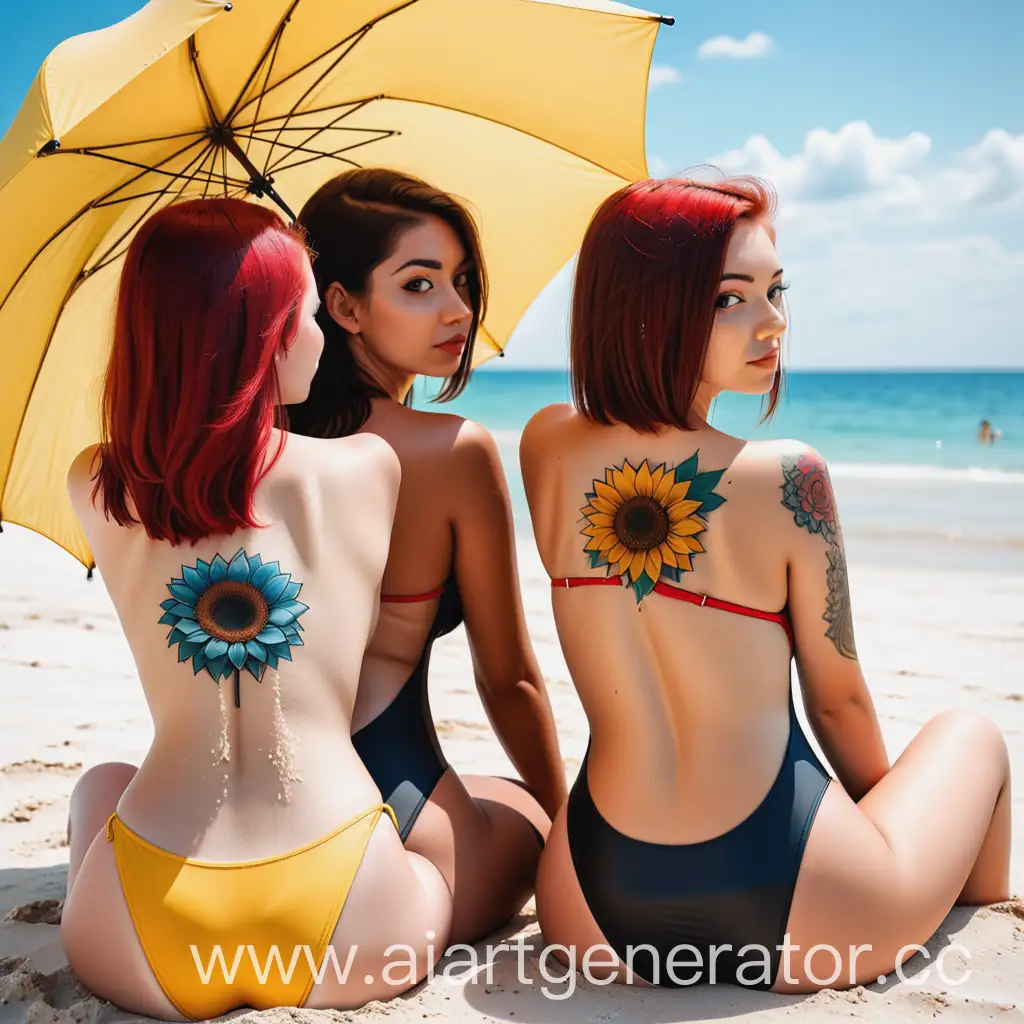 Three-Girls-Relaxing-on-a-Sunny-Beach-with-Sunflower-Tattoo