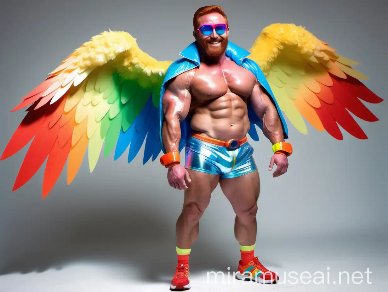 Big Sharp Eyes Smart Subtle smile Ultra Beefy Red Head Bodybuilder Daddy with Beard Flexing his Big Strong Arm Wearing Multi-Highlighter Bright Rainbow Coloured See Through huge Eagle Wings Shoulder Jacket short shorts Long Muscled legs and Doraemon Goggles on forehead