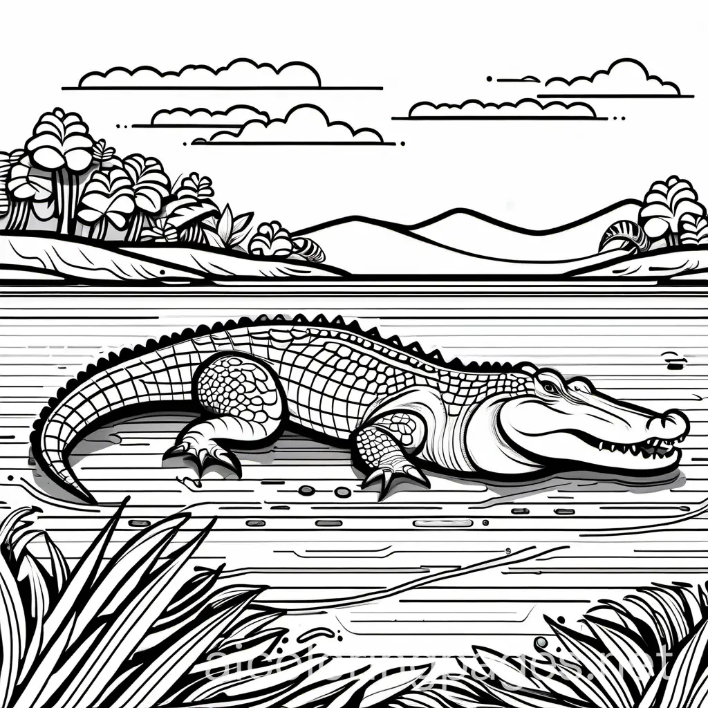 Crocodile on a shore, coloring page, Coloring Page, black and white, line art, white background, Simplicity, Ample White Space. The background of the coloring page is plain white to make it easy for young children to color within the lines. The outlines of all the subjects are easy to distinguish, making it simple for kids to color without too much difficulty