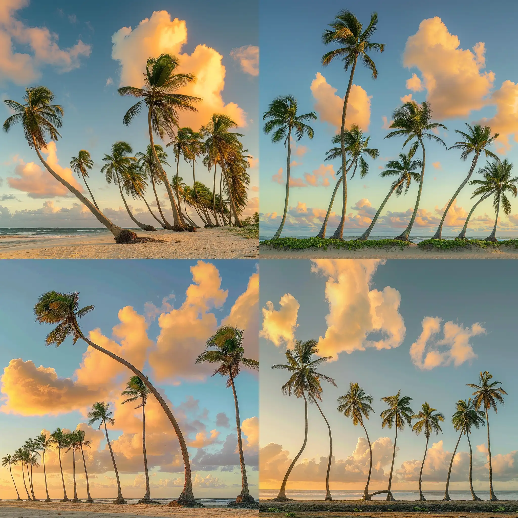 A line of palm trees with one strangely bent palm tree on tropical beach at Golden hour, sunset, stunning photography, masterpiece, cumulus clouds