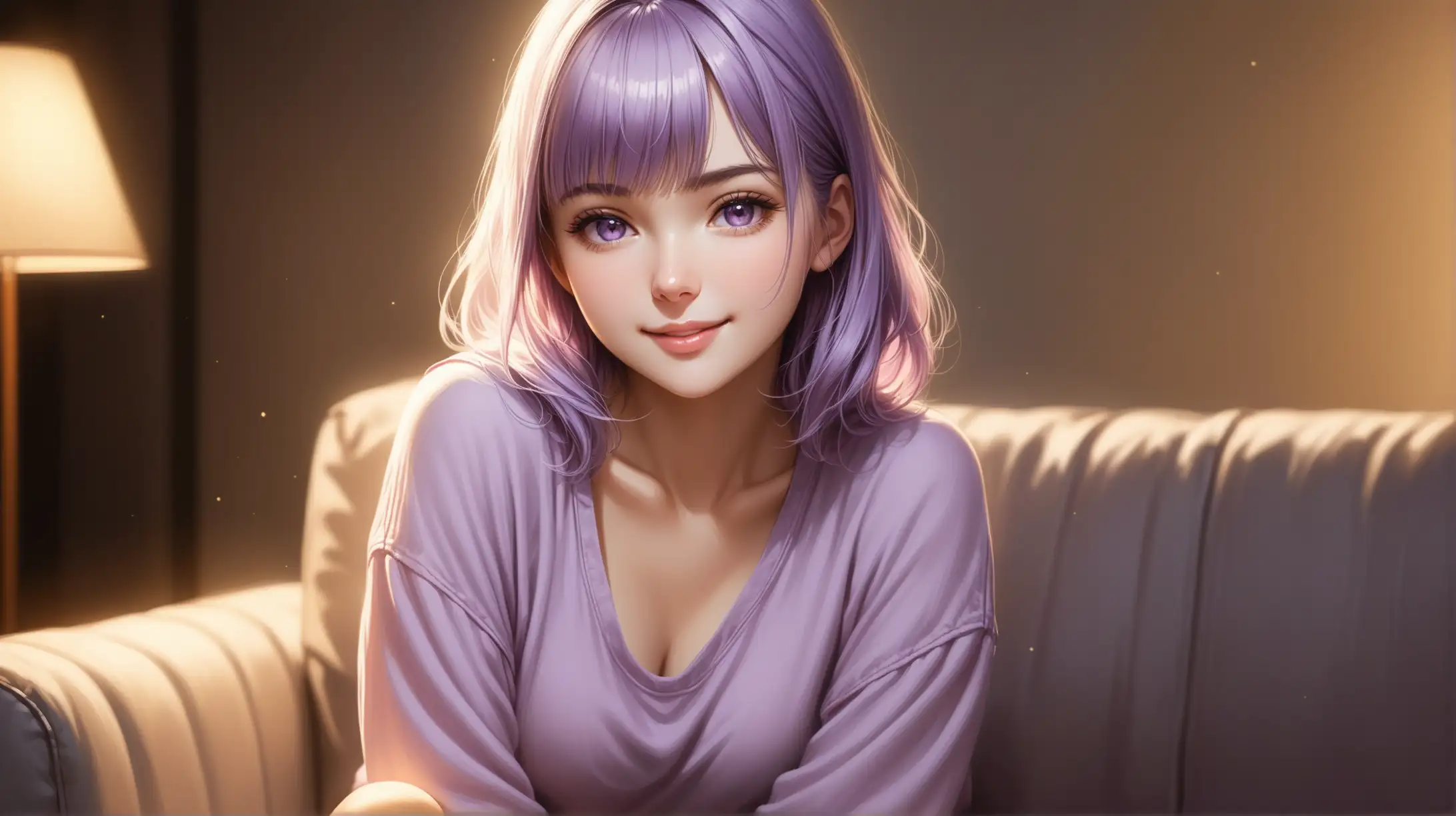 Draw a woman, shoulder length light purple hair, messy bangs framing her face, light purple eyes, petite figure, high quality, realistic, accurate, detailed, long shot, indoors, sitting on sofa, dim lighting, seductive pose, casual summer outfit, smiling at the viewer