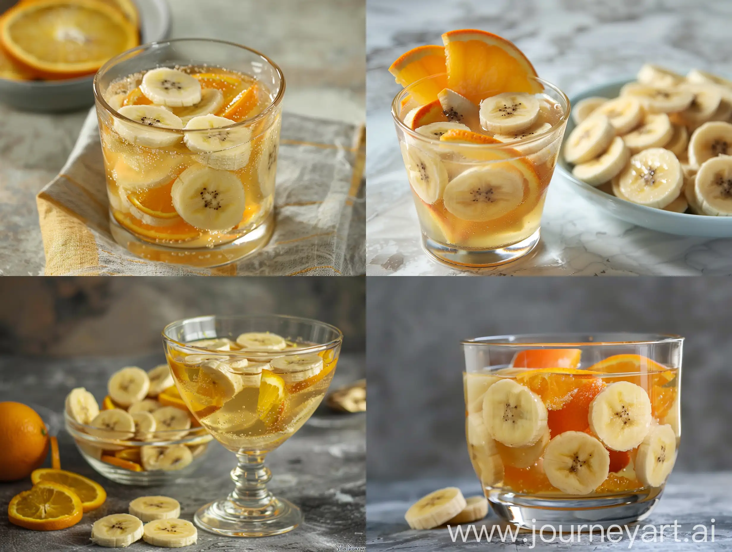 A photo of a glass of banana and orange mixture with sliced pieces of banana and orange inside the serving dish