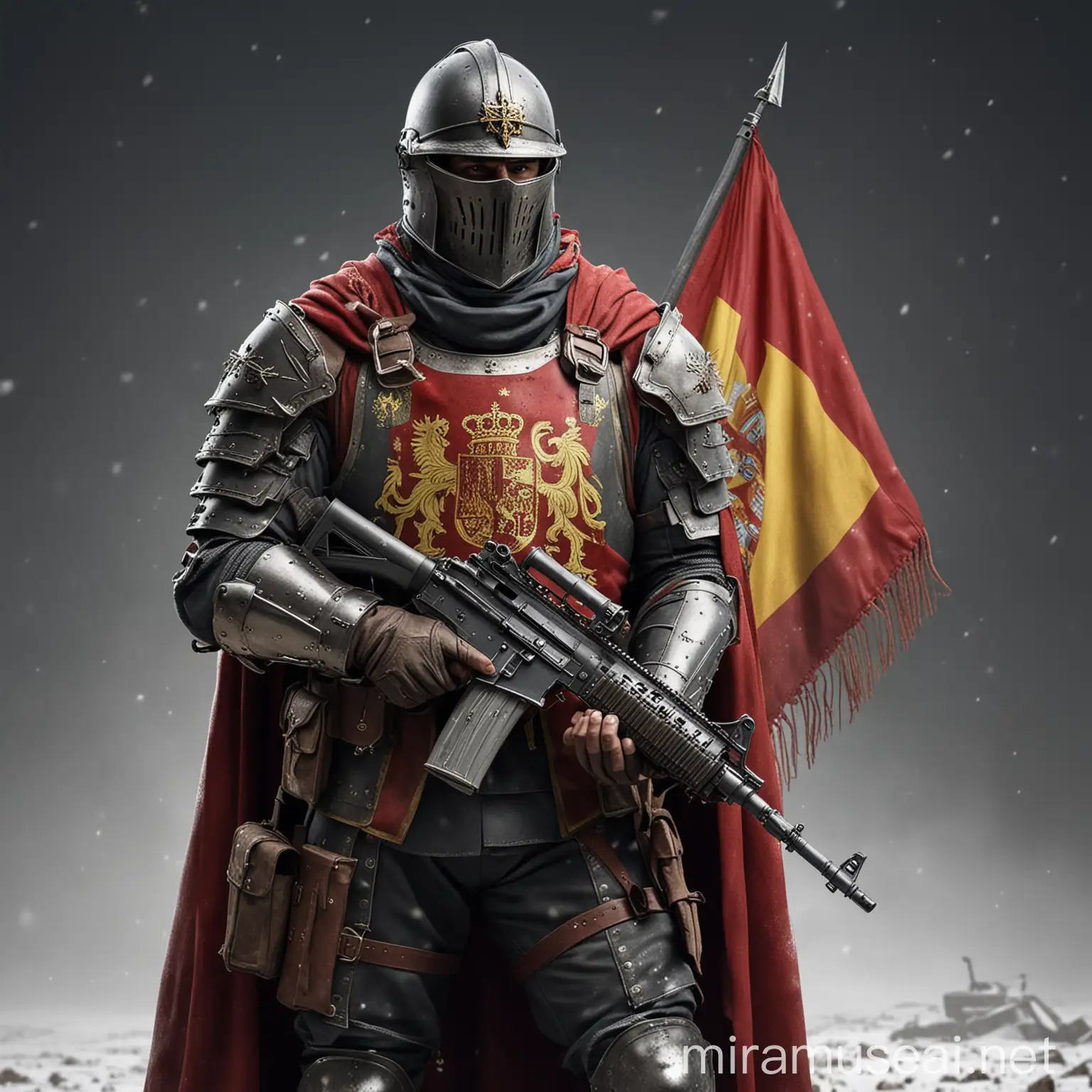 Spain soldier as middle age holy knight  in modern world.He holds machine gun . Spain flag colors to armor.War background ,ground is snow and blood.He has modern armor with cape and cross,helmet,iron mask..Realistic,detailed.He is in battlefield