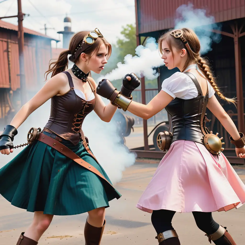 Steampunk Teen Girls Dueling in Urban Alleyway