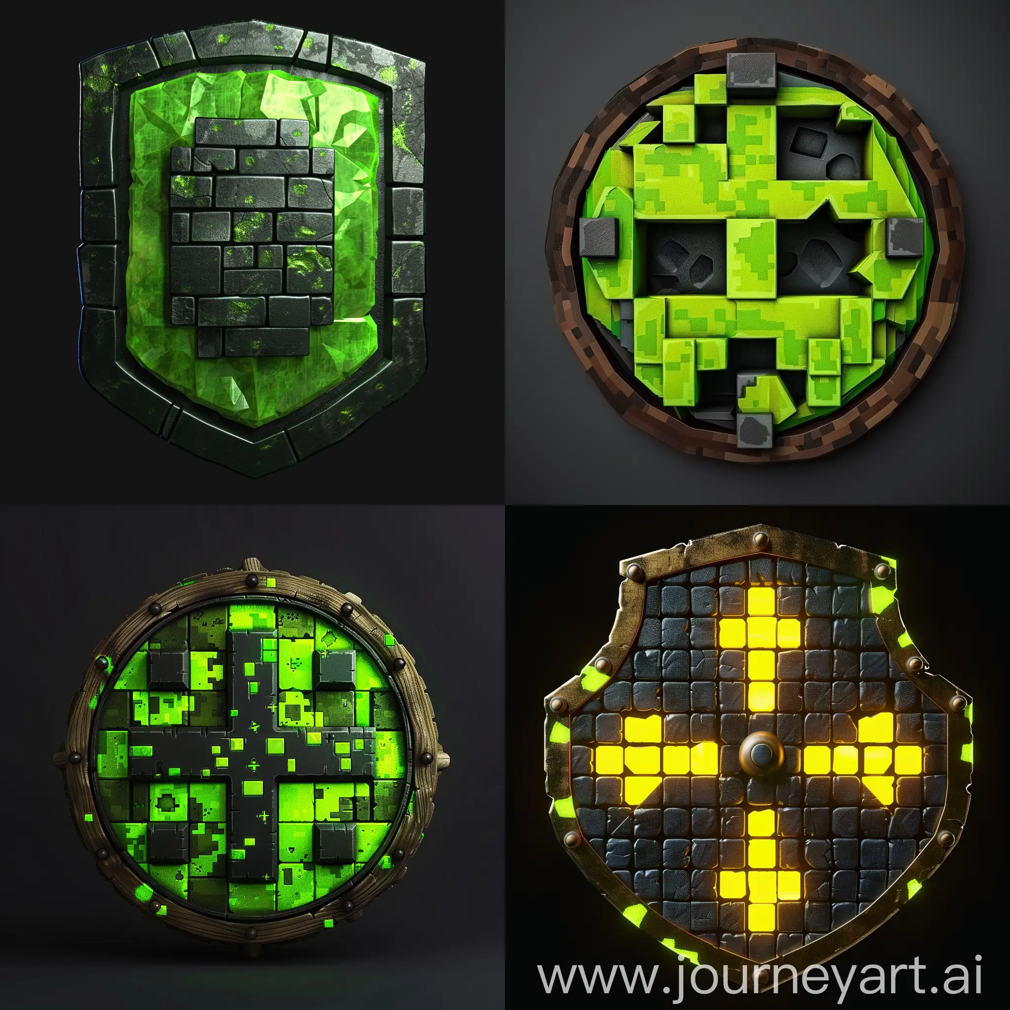 Minecraft-Inspired-Mineshield-Icon-with-Lime-Paint-and-Creper-Symbol-on-Black-Background