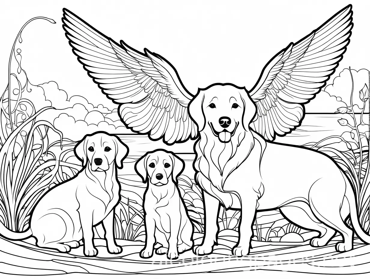 Picture of: Mom, Dad, Boy, Angel Baby, Beta Fish, Cat, 3 Labrador Retrievers, Red Tick Hound, Coloring Page, black and white, line art, white background, Simplicity, Ample White Space. The background of the coloring page is plain white to make it easy for young children to color within the lines. The outlines of all the subjects are easy to distinguish, making it simple for kids to color without too much difficulty