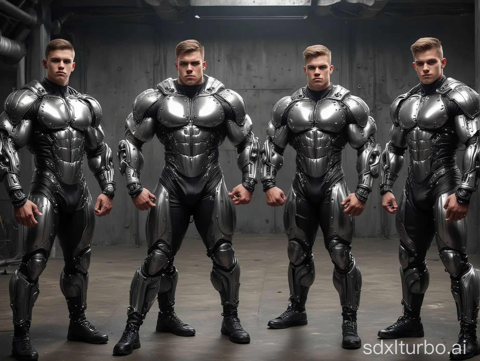 group of young tall athletic muscular heavy muscle heavyweight bodybuilder teen boys in futuristic metal sci-fi suits