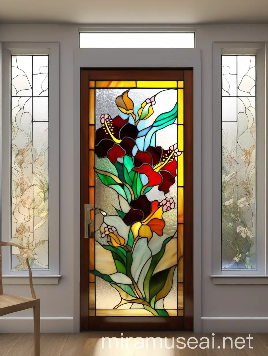 Kitchen Stained Glass Door with Abstract Tiffany Glass Hibiscus Flowers