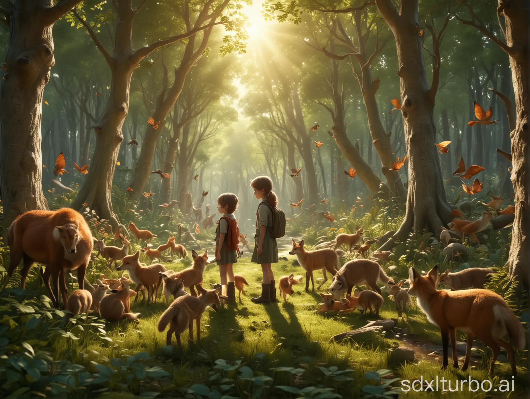 A captivating 3D render of a diverse group of children and forest animals, all united within a lush, verdant forest. The children tenderly interact with the enchanting creatures, fostering bonds of trust and love. A young girl is nuzzled by a gentle deer, while a curious fox observes a boy. Playful creatures, including rabbits, squirrels, and birds, engage with the kids, creating an atmosphere of unity between nature and humanity. Sunlight filters through the trees, casting a warm, inviting glow that enhances the heartwarming scene. The illustration masterfully combines typography, 3D render, and traditional art techniques, creating a captivating and memorable visual experience, perfect for a poster or illustration. The scene exudes a cinematic quality that transports viewers into a magical world where humans and animals coexist in harmony, illustration, photo, 3d render, cinematic, poster, aspect ratio 16:9