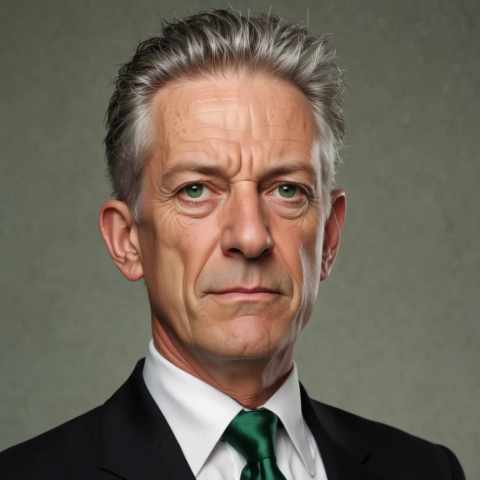Portrait photograph. A rail thin man in his mid sixties. He wears a tailored black suit with an emerald green tie. He has close cropped salt and pepper hair and a hard expression.