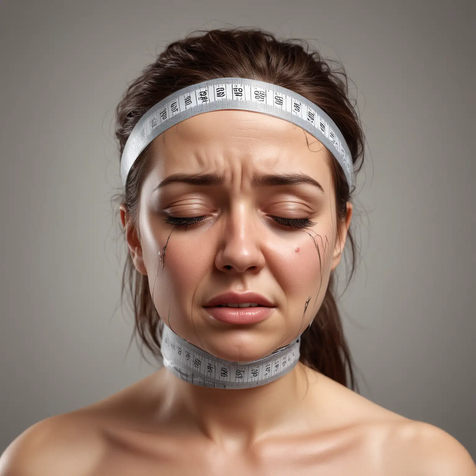 Realistic woman head is wrapped by measuring tape, she is unhappy and been crying

