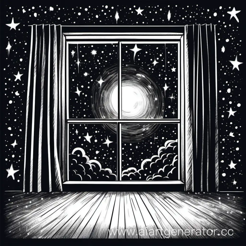 Нарисуй окно в комнате, через которое открывается вид на черное небо со звездами. Стиль изображения должен быть карандашным, как набросок, без четких линий.