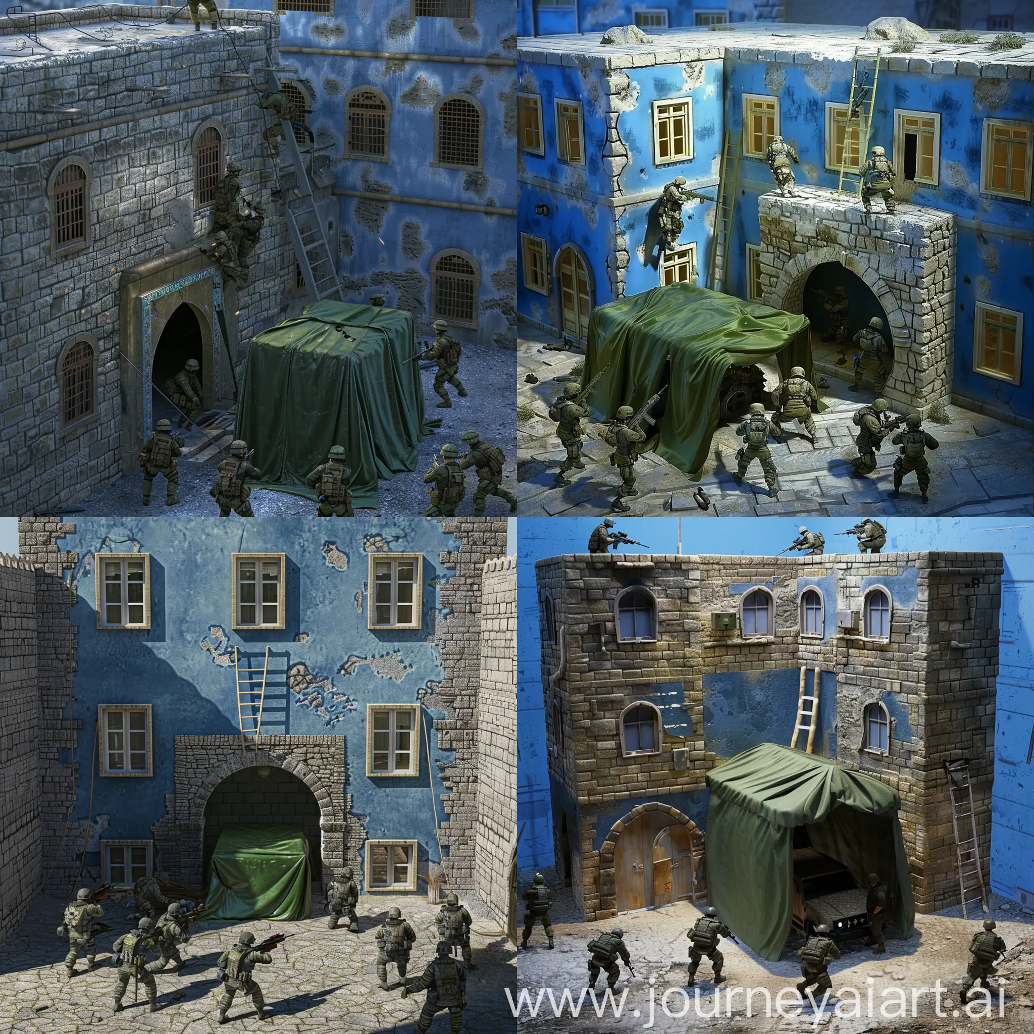 /imagine prompt: An urban battlefield scene set in a Middle Eastern or Mediterranean architectural style. Features stone-built walls and an arch-shaped door. In the center, there is a makeshift green carport covered with fabric. The building windows are rectangular and painted on blue walls. Several soldiers are equipped in battle gear, taking combat stances, positioned around the structure taking cover. The lighting is daytime with short shadows, ensuring all details of the building are clearly visible. A ladder is placed on top of the carport. Overall, the scene should have a combative and tense atmosphere, captured from a top-down perspective to clearly show the layout.
