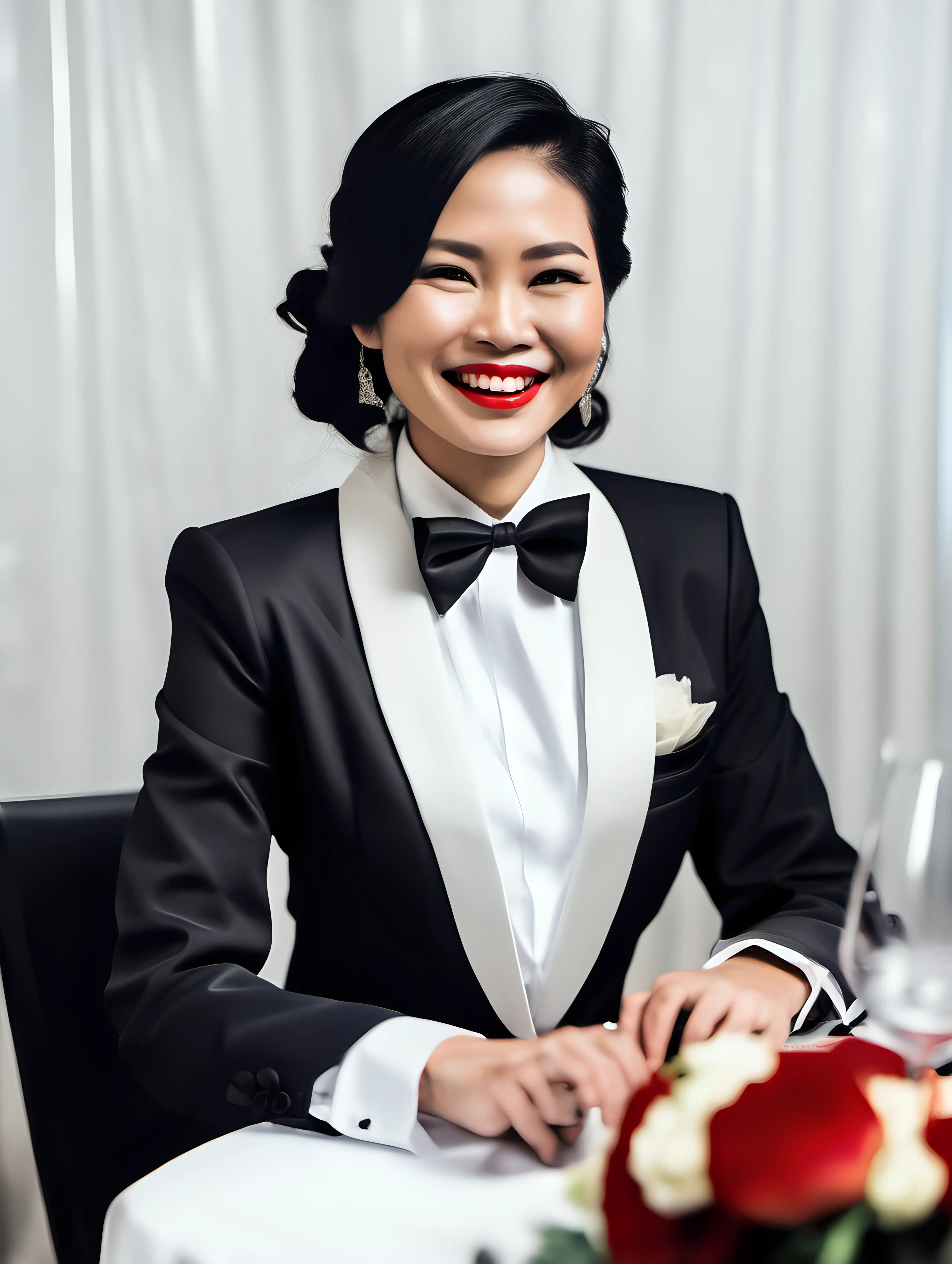 35 year old gorgeous and smiling and laughing Vietnamese woman with black shoulder length hair and red lipstick wearing a formal tuxedo with a black bow tie and big black cufflinks. Her jacket has a corsage. She is sitting at a dinner table.
