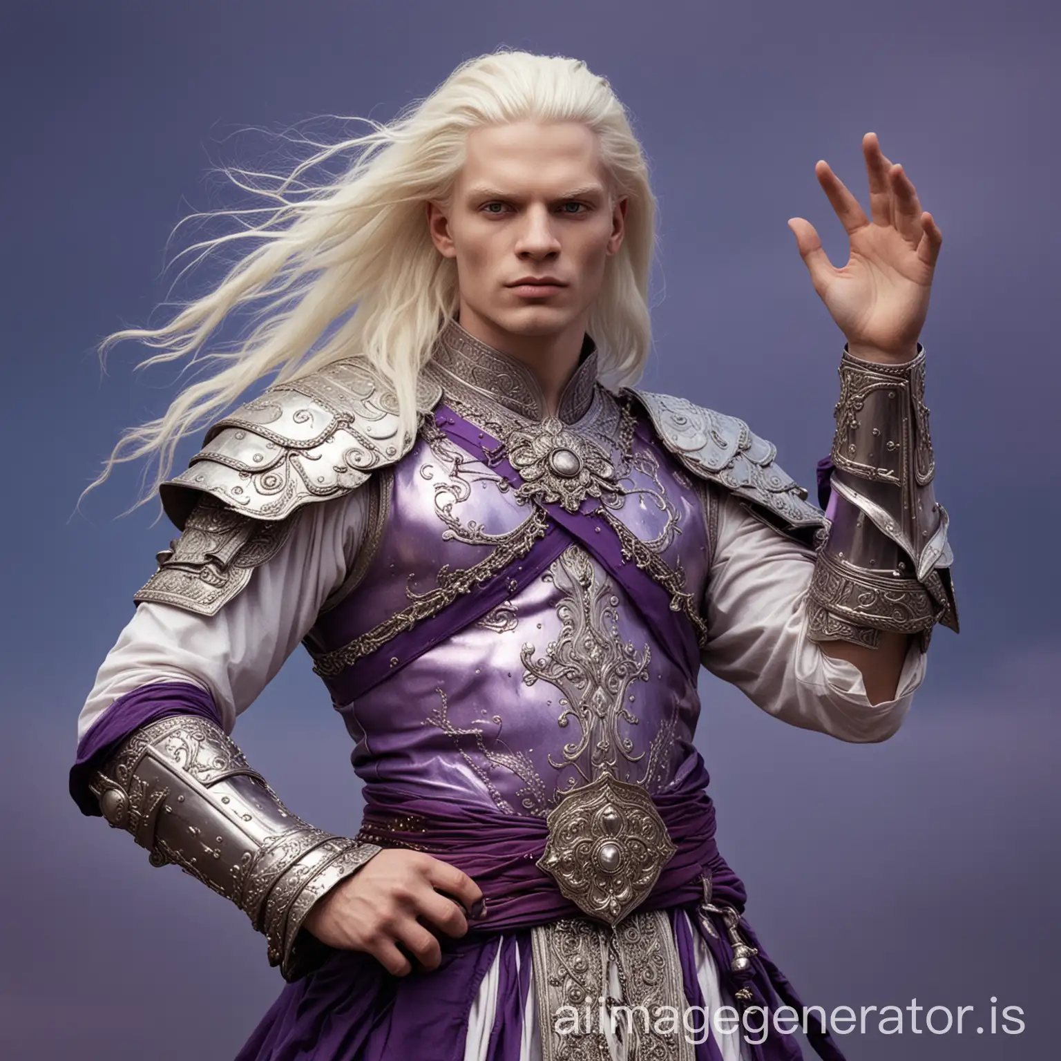 Ancient mythical photograph. albino. natural face. A 35 yearold man. Strong arms musels. Very big arms. He has beautiful face. He has semi-long hair. a Indian man. white hair, purple eyes. violet Armor. violet metal. He has an ancient violet belt. A strong man with strong arms. Tall guy. A glorious man who held the violet scepter with his strong hand. love and enthusiasm violet dress. Blue Clouds background. Wind blowing behind him.