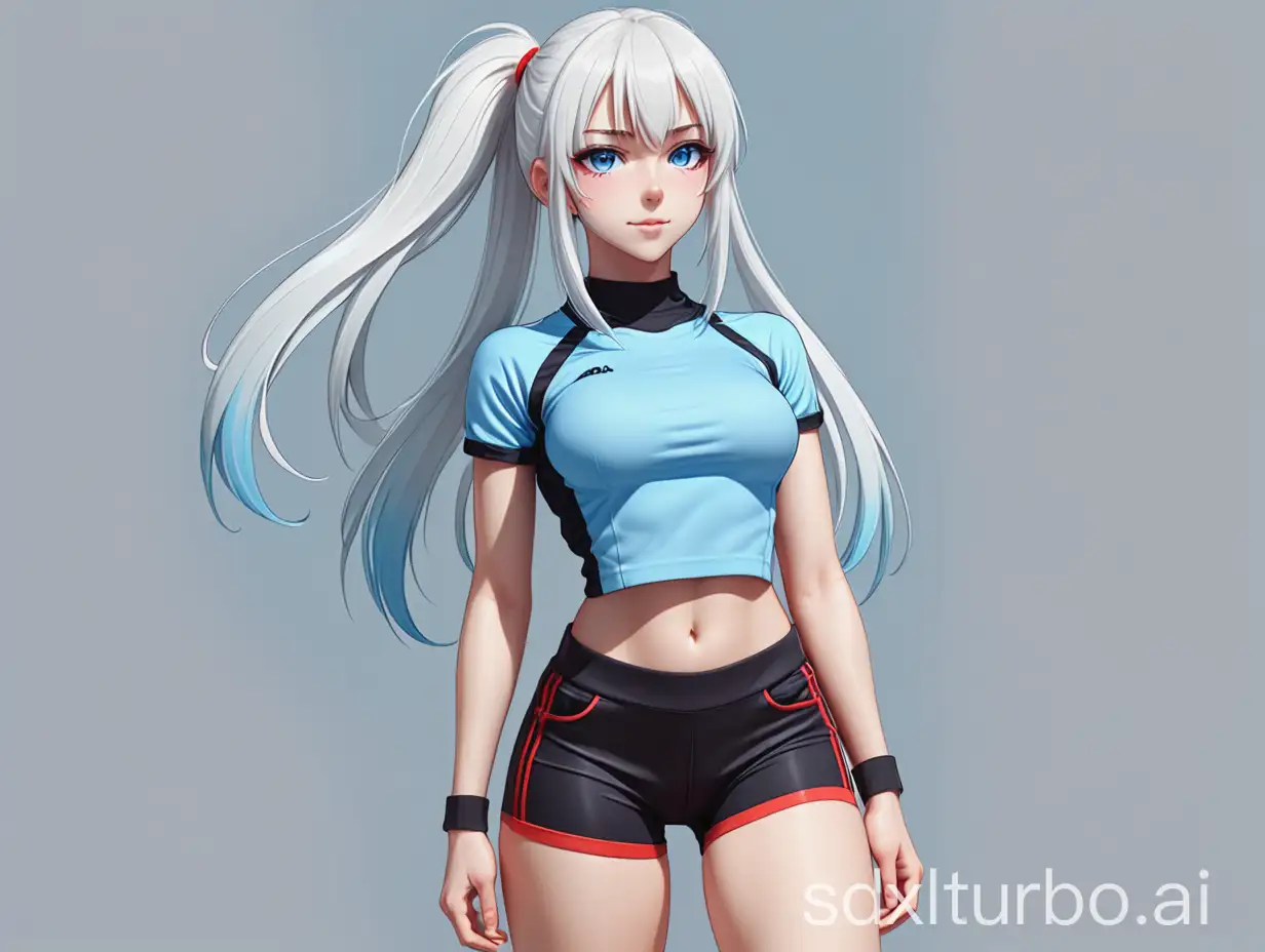 anime girl. europeoid face and body. attractive chest and butt. standing tall. beautiful face. happy expression. long white hair. hair with fringe. ponytail with red rubber band. light blue eyes. thin eyebrows. sexy fitting blue top with black trim. cropped top. tight sexy sporty black shorts. shorts with light blue fabric inserts. white sneakers. white ankle socks. background