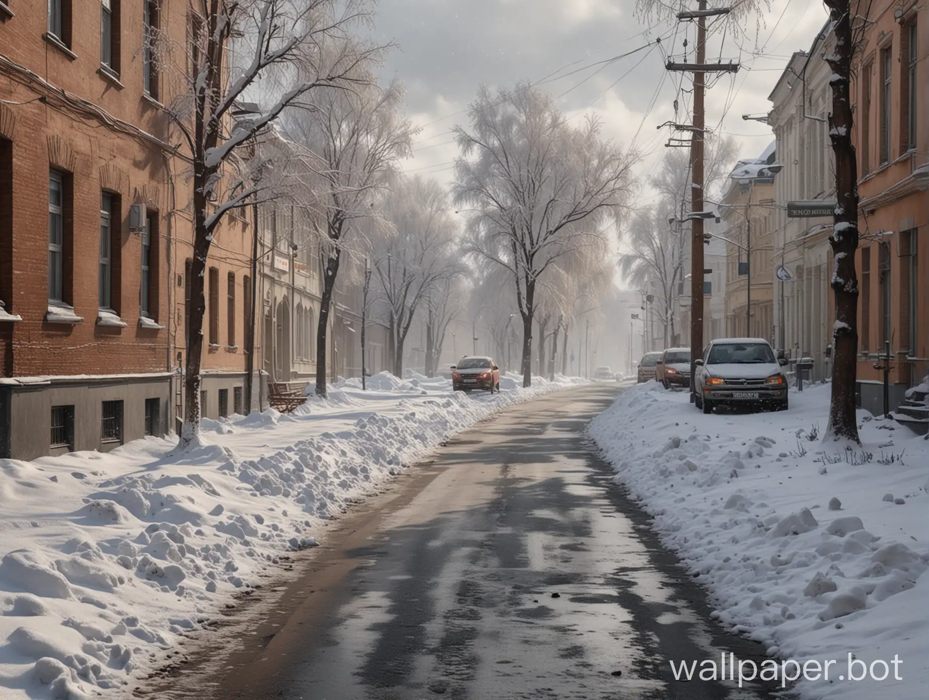 весна 2024 года, заснеженные улицы, вид улицы в Москве, сугробы на заднем плане, неба спадает снег,юфотореалрзм