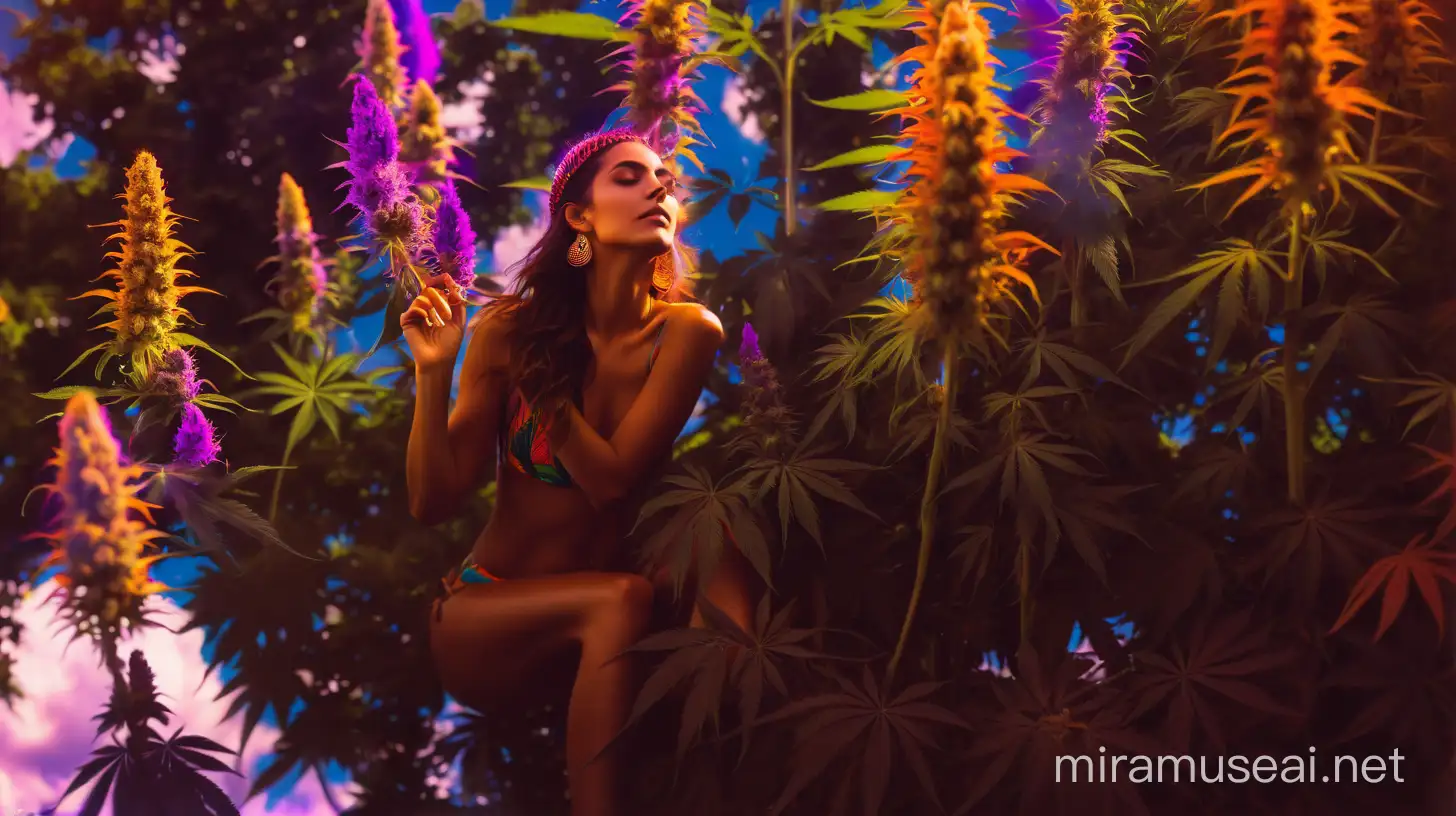 A Psychedelic exotic female goddess in a field of cannabis, trippy, vibrant colors, sunshine, water, trees, cool clouds