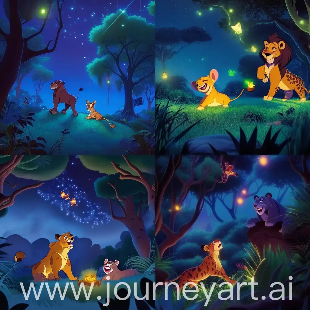 Simba and Nala having fun together in Sherwood forest at night surrounded by fireflies while Timon and Pumbaa are singing in the background 