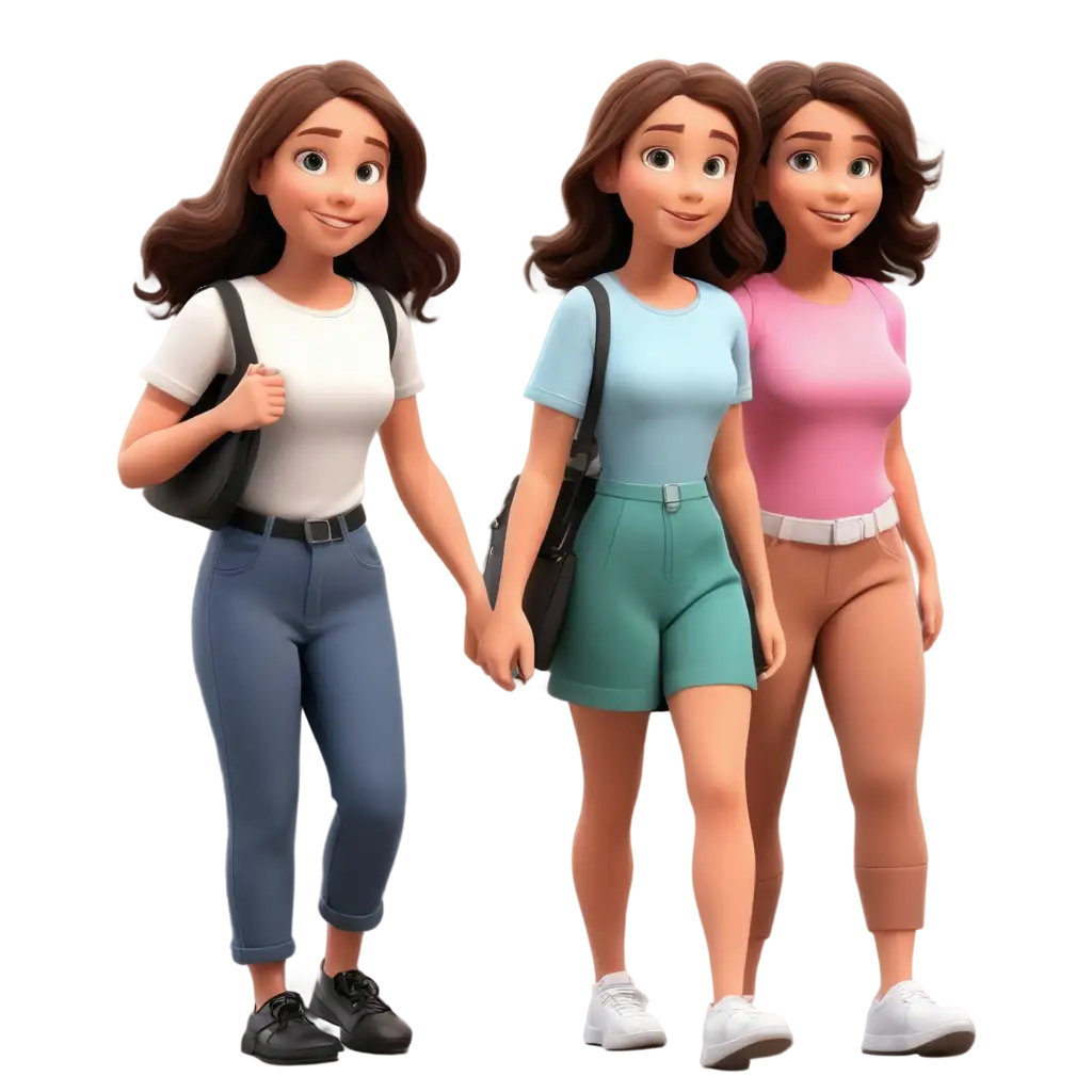 cartoon realistic group of three girls walking into a store  