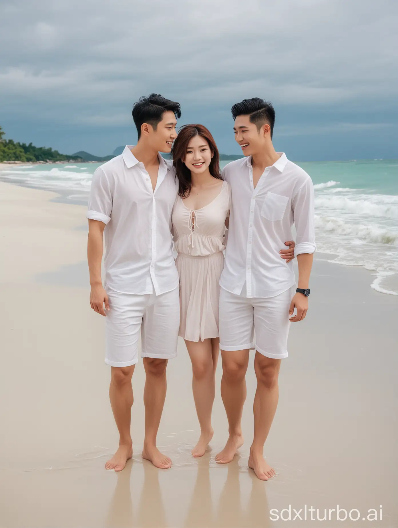 Asian male and female couple, white skin, standing on the beach, supporting each other, beautiful white sand beach, HD quality