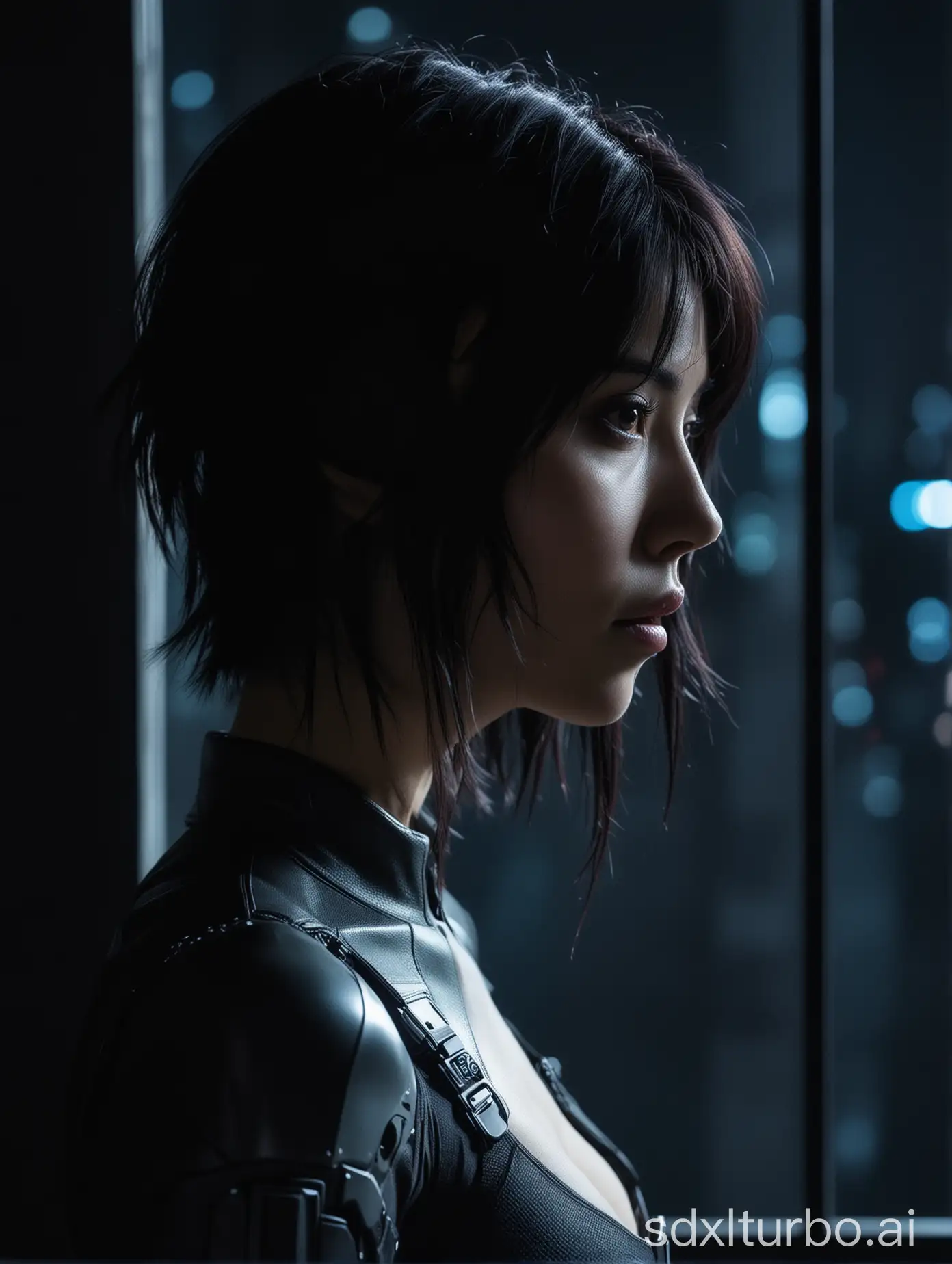 Sonoya Mizuno portrayed as Motoko Kusanagi from ghost in the shell, blank stare, silhouetted against a window, night, dark room, cyberpunk