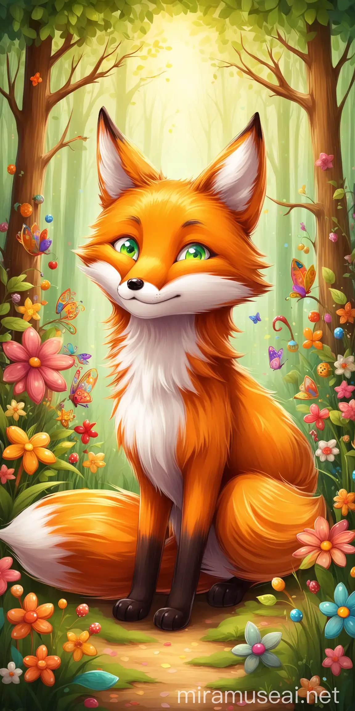 "Create a beautiful, full-length image of a fox designed for children. The fox should be friendly and approachable, with bright, expressive eyes and a playful smile. The fur should be soft and well-detailed, featuring vibrant, warm colors. The background should be a whimsical forest scene with gentle lighting, colorful plants, and perhaps some other friendly forest animals. Make sure the overall style is cute and appealing to young children."