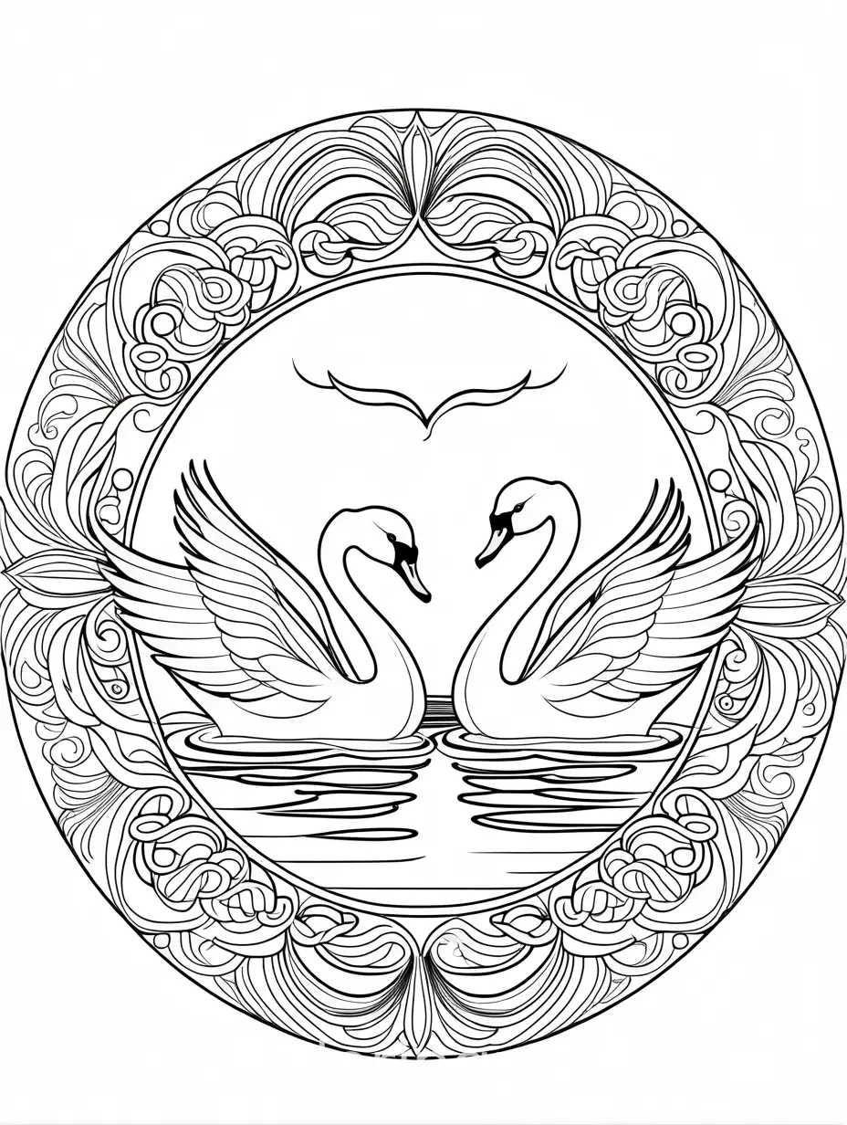 2 swans in a pond mandala art style, Coloring Page, black and white, line art, white background, Simplicity, Ample White Space. The background of the coloring page is plain white to make it easy for young children to color within the lines. The outlines of all the subjects are easy to distinguish, making it simple for kids to color without too much difficulty