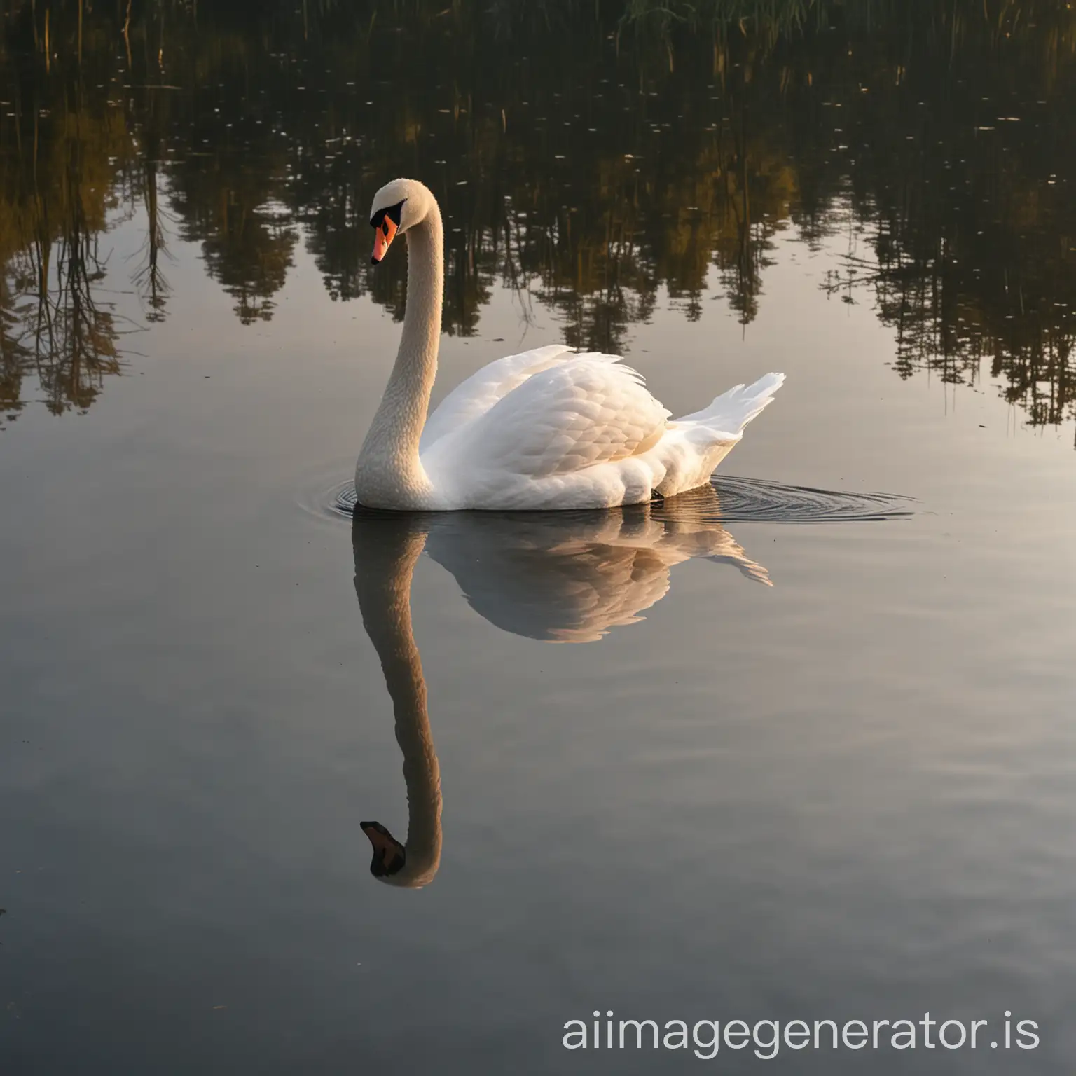 A graceful swan floating across a lake's mirror-like surface in the early morning