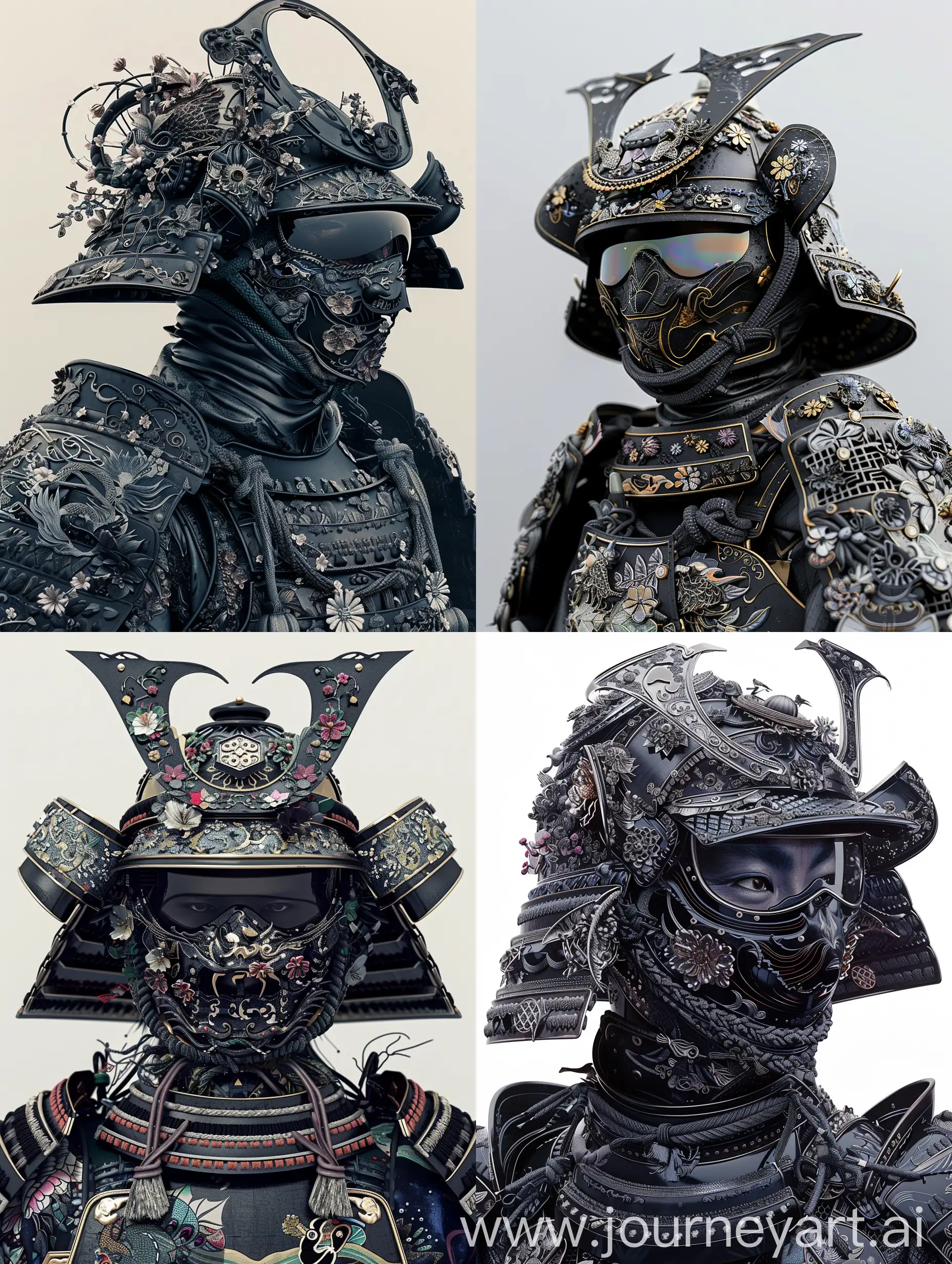 A highly detailed and ornate samurai warrior wears an elaborate suit of armor in various shades of Black. The helmet features intricate decorations with japanese floral elements, a large, curved crest and detailed embellishments. The mask and armor plates are adorned with delicate patterns, including flowers and dragons, and the samurai's face is partially hidden behind tinted goggles. The overall color scheme is predominantly Black, creating a visually striking and unique look. The background is a plain defensive arc