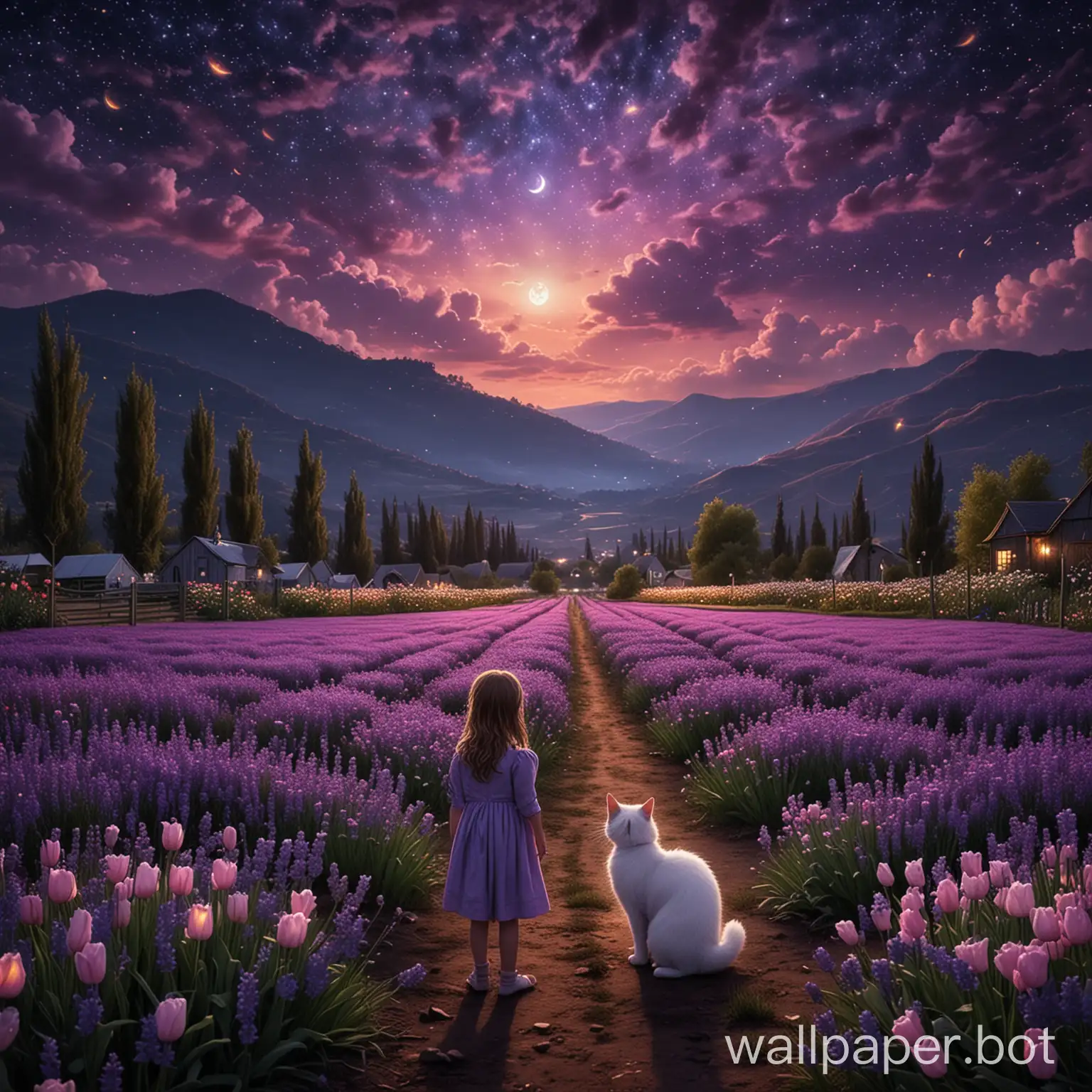 mesmerizing darkest starry night with a crescent moon and a little cute girl with a white furry cat standing in the middle of a huge beautiful lavender and tulip farm admiring fireflies.