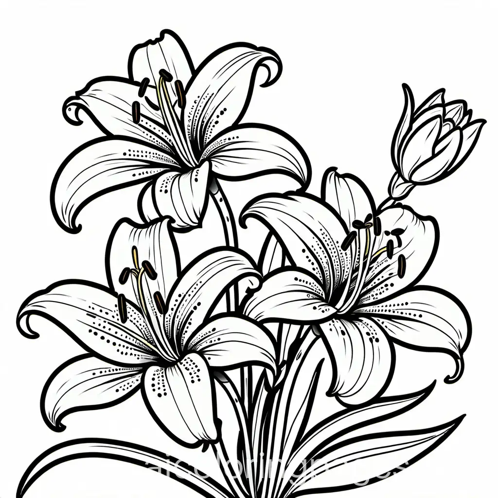 tiger lilies
, Coloring Page, black and white, line art, white background, Simplicity, Ample White Space. The background of the coloring page is plain white to make it easy for young children to color within the lines. The outlines of all the subjects are easy to distinguish, making it simple for kids to color without too much difficulty