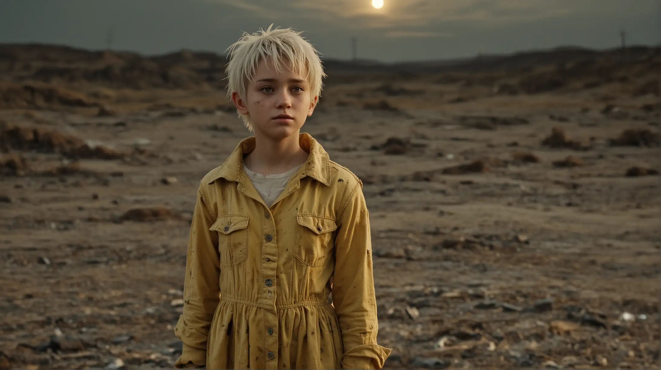 Wide shot 16 : 9 cinematic photorealistic. Extremely beautiful small 11 year old, very girlish, wearing dirty dull yellow apocalyptic raggedy clothes. She has a white pixie haircut, with a worried look on her dirt streaked face.  There is a golden butterscotch glow shining from behind her. It’s a dark, mysterious  surrounding lit by a full moon and a scared landscape.