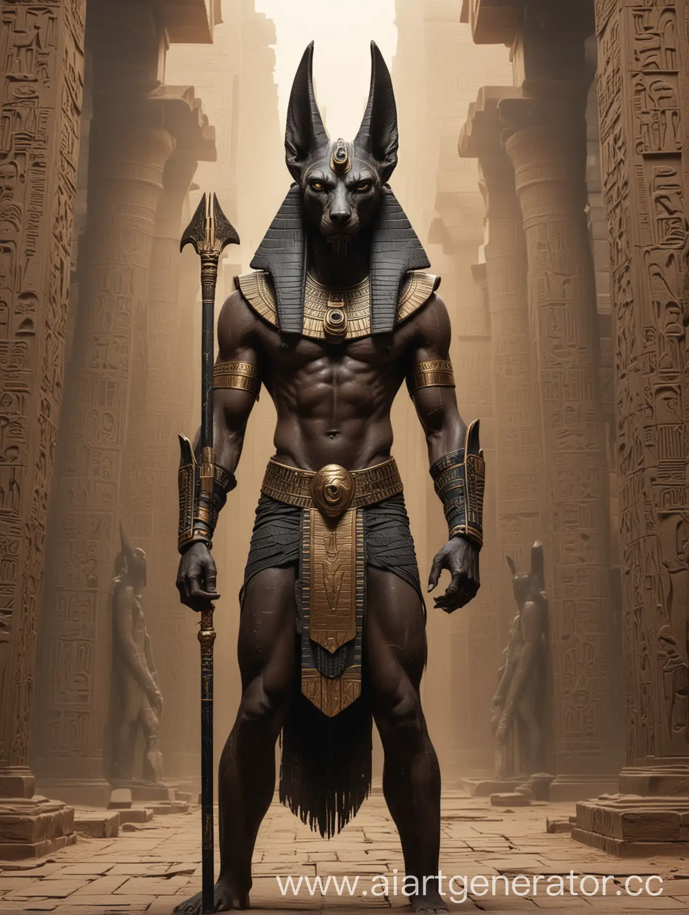 Египетский бог анубис. злой. мрачный. с мордой шакала и спортивным телом. на фоне своего храма 