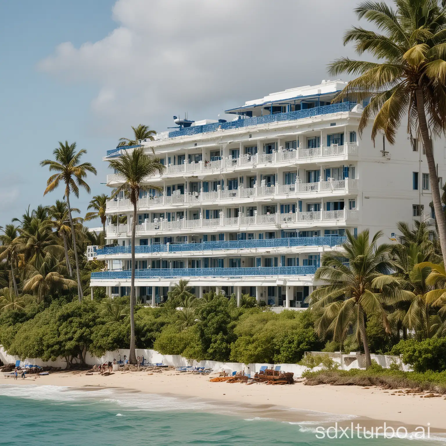 A large, white hotel building with a blue roof and balconies overlooking the ocean. The hotel is surrounded by palm trees and lush greenery.