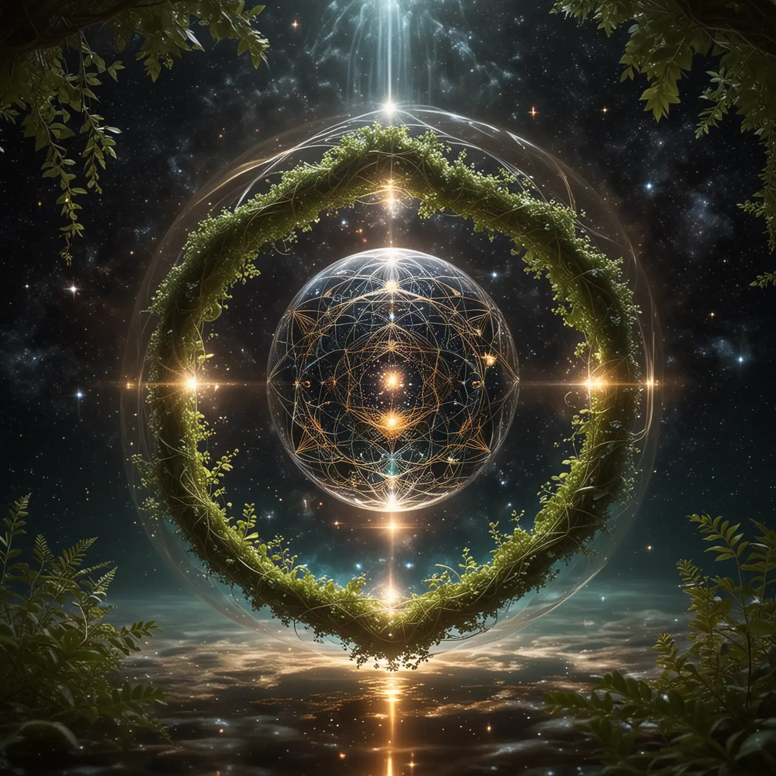 a floating orb of liquid in space glowing with sacred geometry, foliage creating a border around the corners, glowing soft light