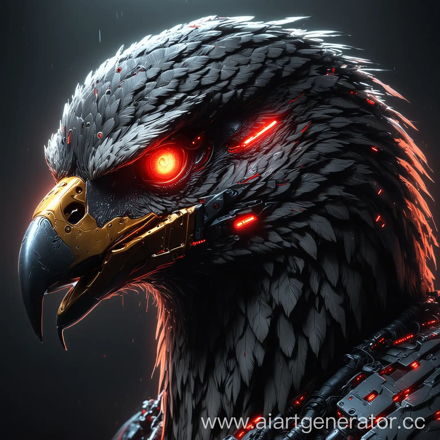 Нарисуй кибер орла у которого светятся глаза красным цветом , в профиль, в стиле киберпанка, в ультра высоком качестве 4к