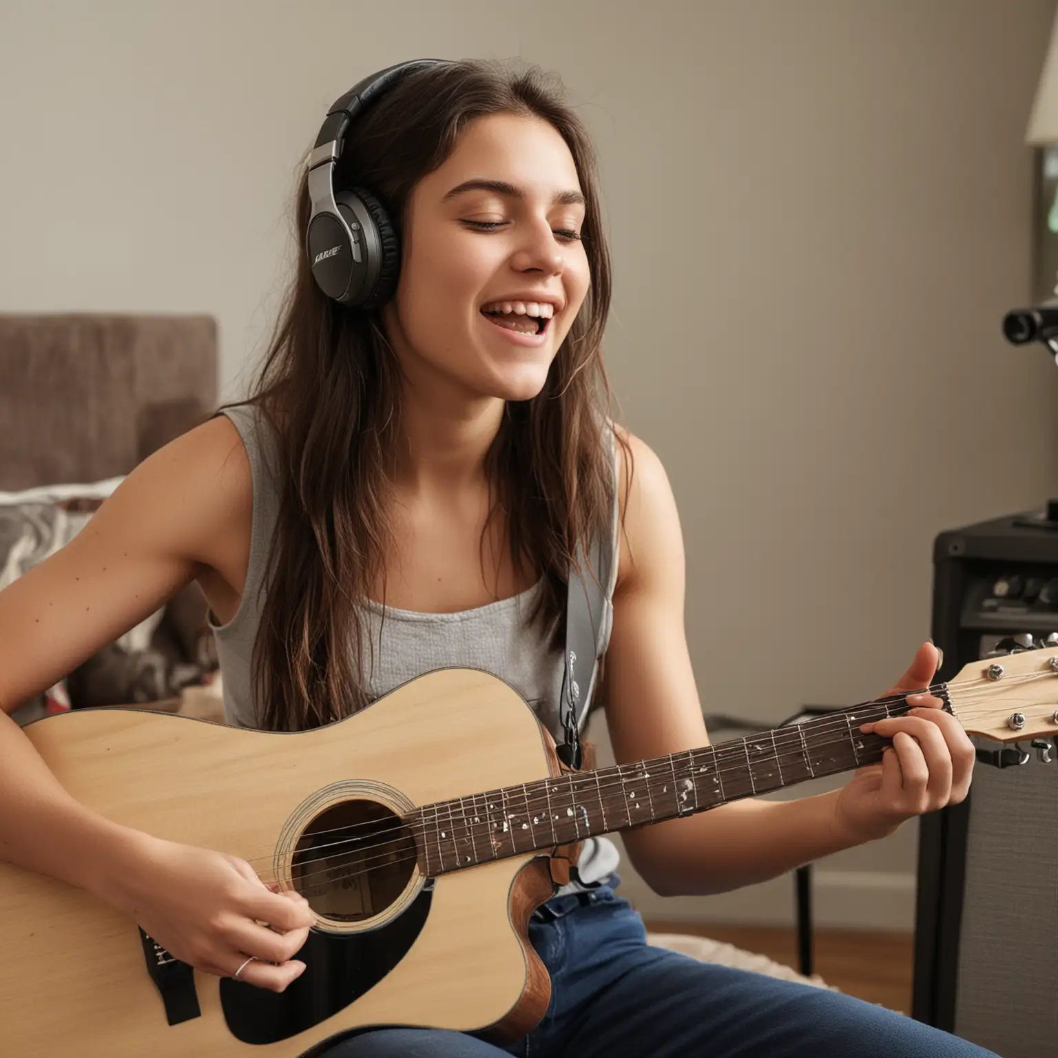 一个年轻的女子在一边弹着吉他，一边麦克风前唱歌，旁边放着一个贝塔斯瑞蓝牙音箱