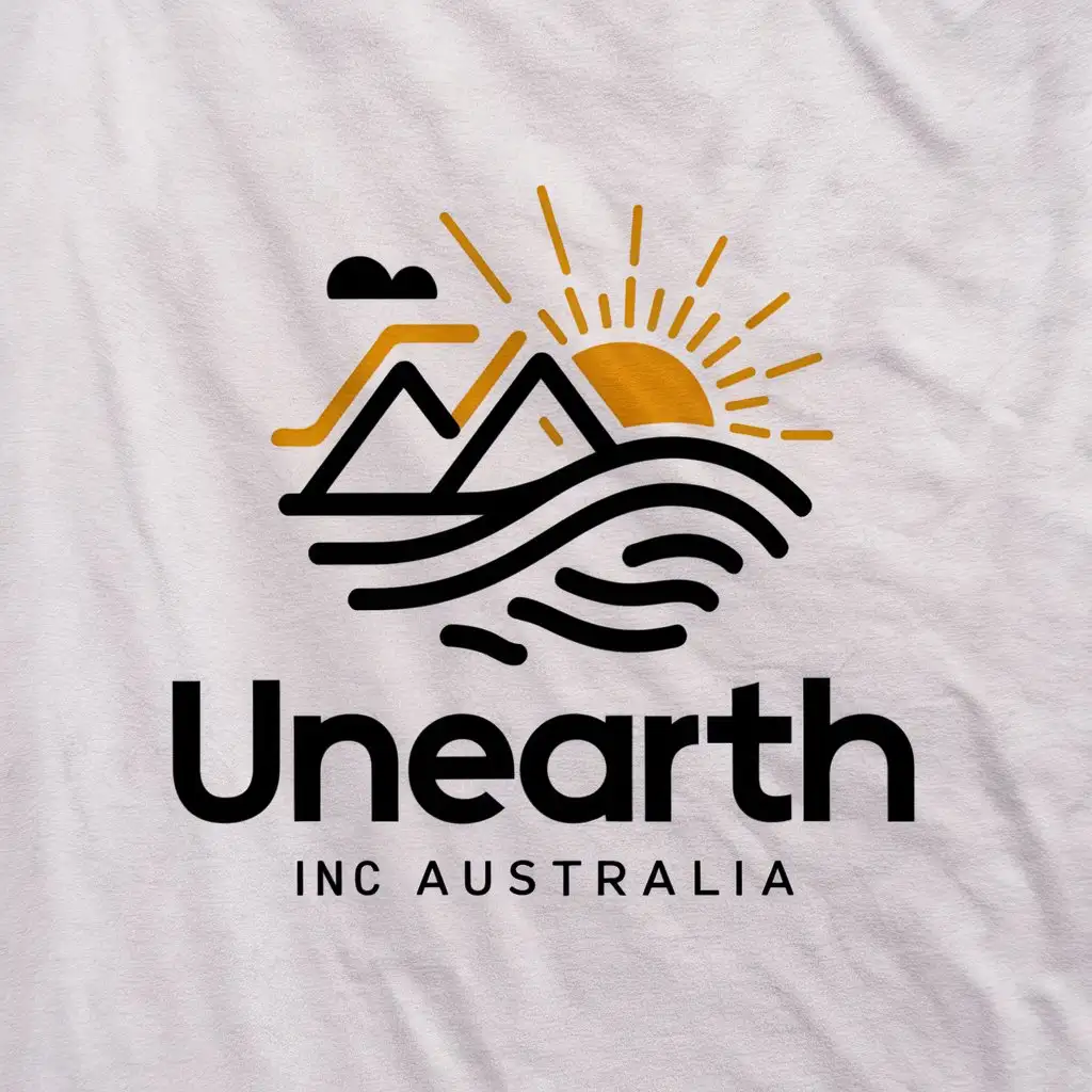 a logo design,with the text "Unearth Inc Australia", main symbol:The logo should include waves, mountain and sun or be creative with the wording. must be white background,Moderate,clear background