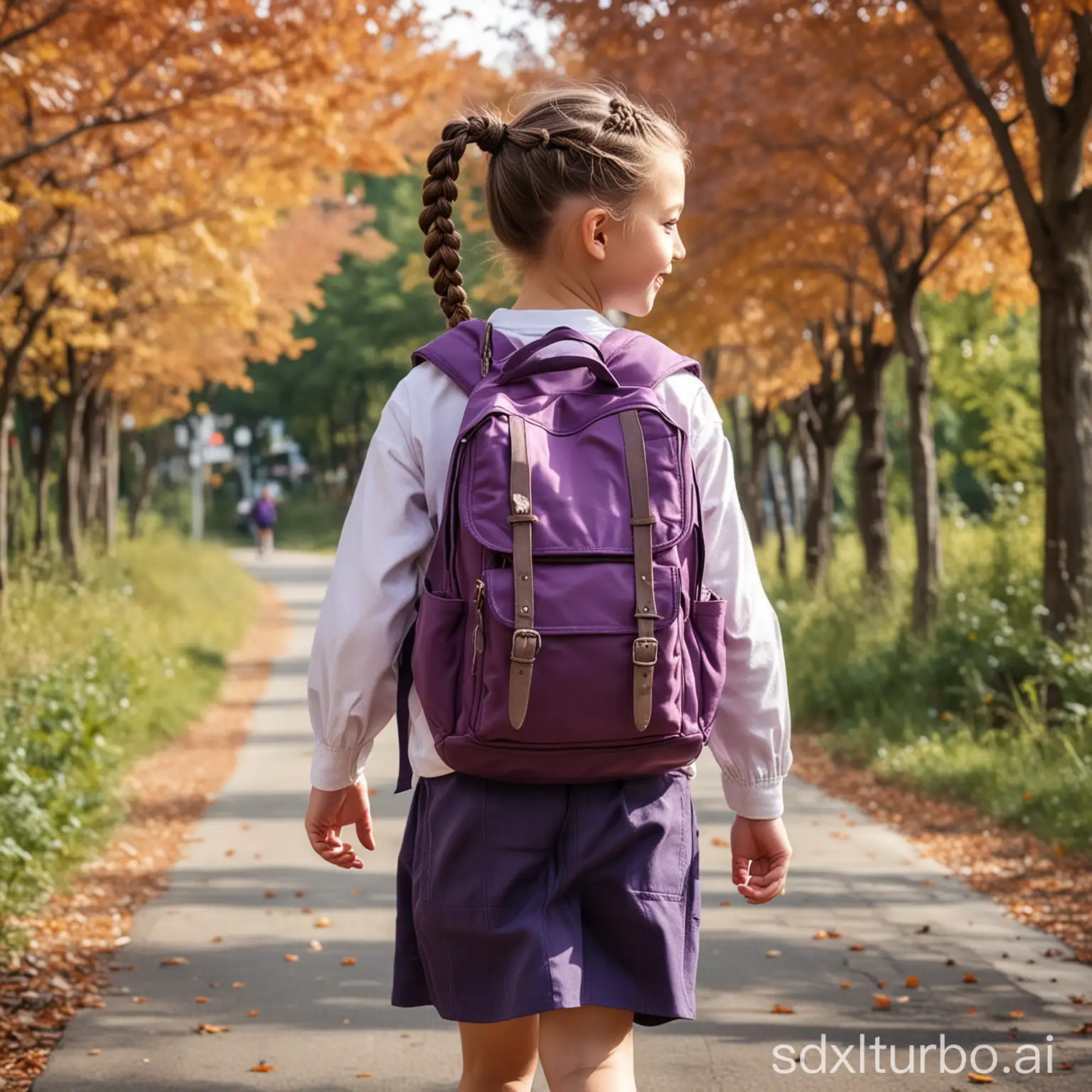 一个小学生女孩，扎了高高的马尾辫，背着紫色的书包，走在有枫树的马路上，微风吹着枫叶像蝴蝶一样翩翩落下，女孩开心快乐的笑着