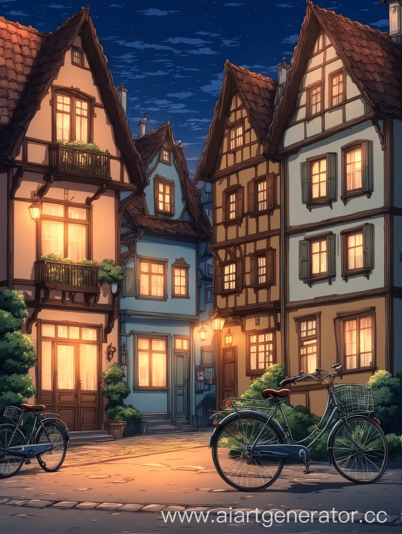 Вечерняя улица, красивые дома на европейский манер, около одного дома стоит велосипед, аниме стиль