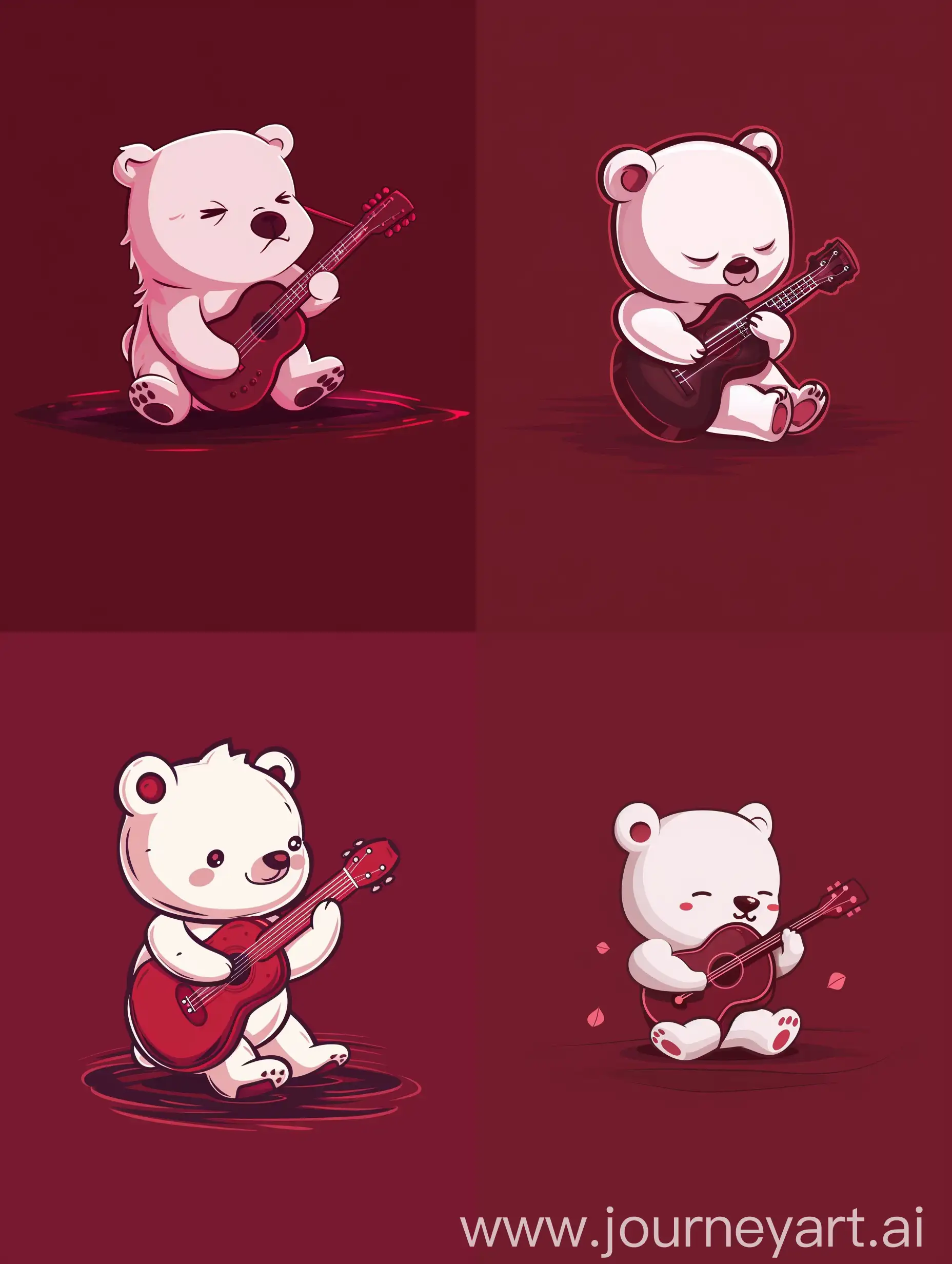 thin line style chibi cute white bear playing guitar, with solid dark red background, small object and center concentrated image, far view point