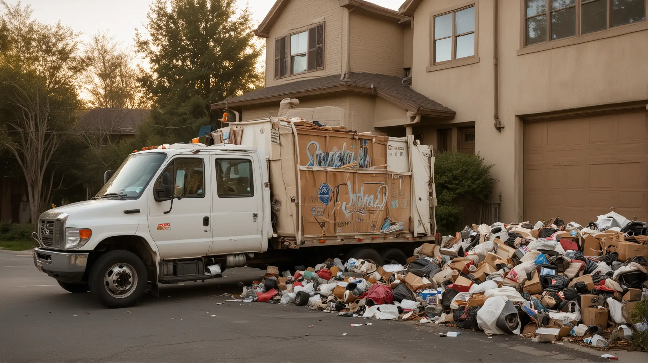 Create a high-quality photograph depicting a Route Runners Junk Removal truck fully loaded with a variety of discarded items such as furniture, appliances, and boxes. The image should capture the truck parked in front of a recently cleared property, emphasizing the volume and diversity of junk collected. The scene should convey a sense of accomplishment and readiness for disposal. Use a DSLR camera with a 24mm lens to capture a wide view of the truck and the surrounding area, showcasing the impact of the trash-out service. The photo should be taken during the golden hour to utilize soft, warm lighting that enhances the textures of the discarded items and creates a visually appealing contrast against the clean, empty space of the property.
